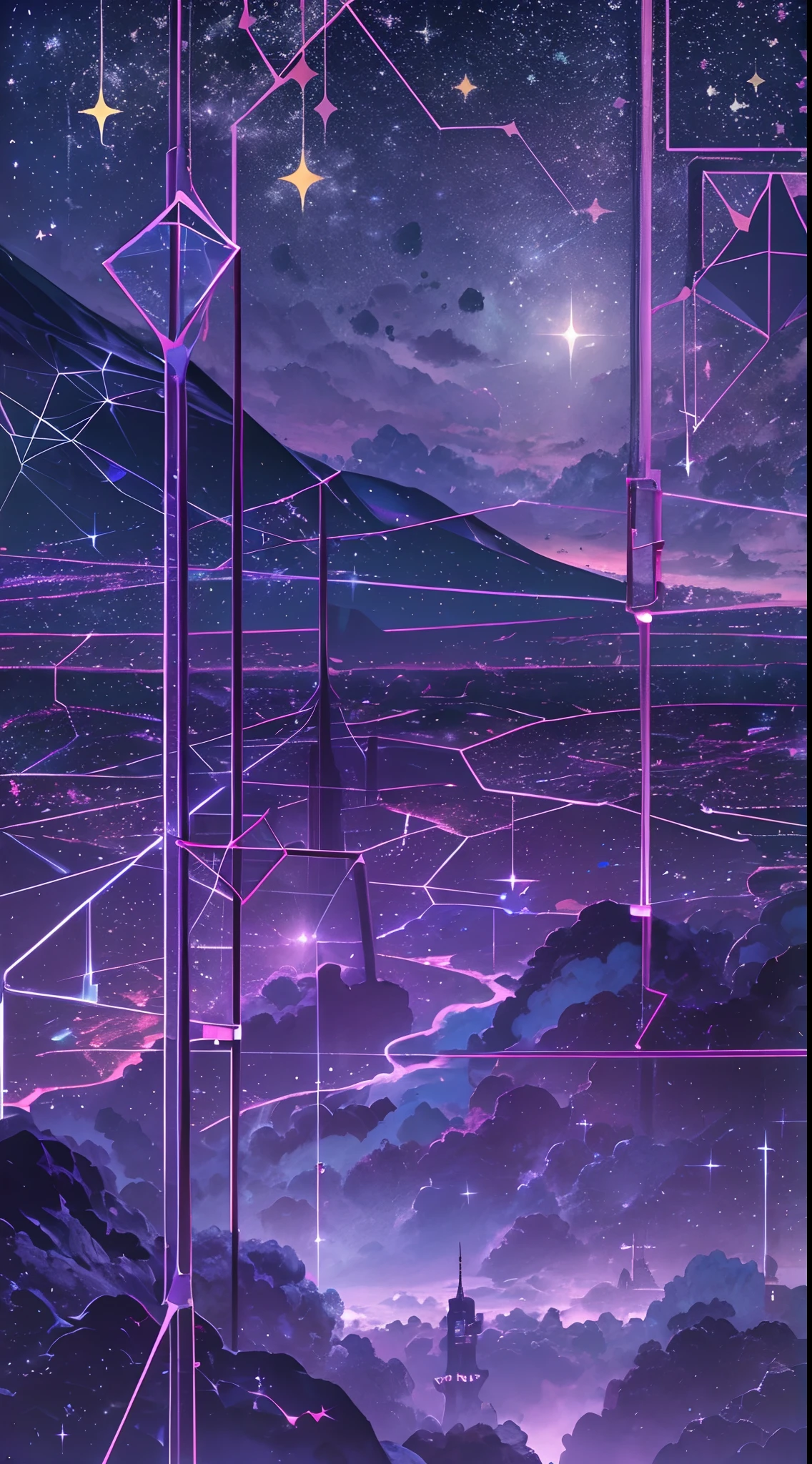 starry sky with the constellations of the zodiac, shades of purple as if they were nebulae, vast space, cyberpunk city at the bottom,