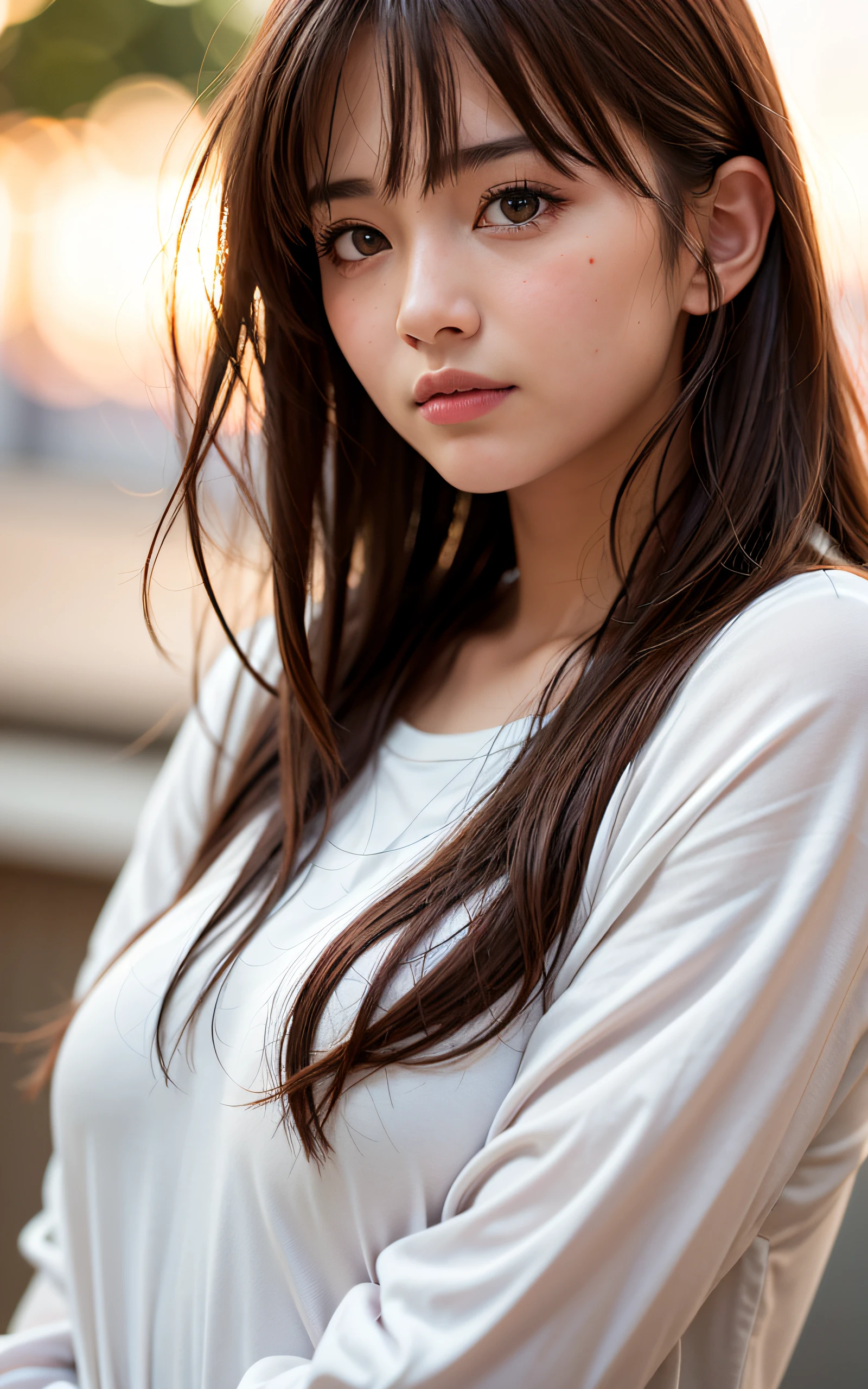 masutepiece, Best Quality, 8K, 1girl in, right hand, Correct human finger, 14 yo, close up of face, Cute, Girly, Delicate girl, Neat and clean beauty, medium breasts, Luminescent, Looking away, Raw photo, F/1.8, 135 mm, NIKON, Anatomically correct, Bokeh,Textured skin, Professional Photography, Portrait, Soft light, Professional Lighting, Back Light, Film grain, (Eyes and faces with detailed:1.0), Brown hair, Medium hair swaying in the wind, Bangs, silk shirt