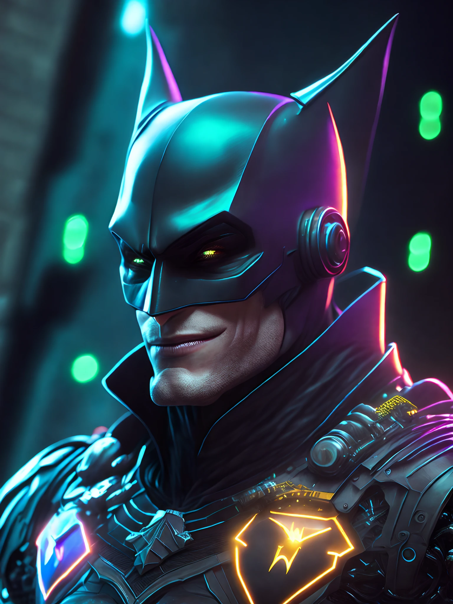 Retrato, Coringa Batman da DC, bio-mechanical, complex robot, crescimento completo, hiperrealista, pequenos detalhes insanos, linhas extremamente limpas, aesthetic cyberpunk, obra-prima apresentada em Zbrush Central, Gothic brutalist cathedral, cyberpunk, foto premiada, bokeh, luzes neon, cybernetic limb