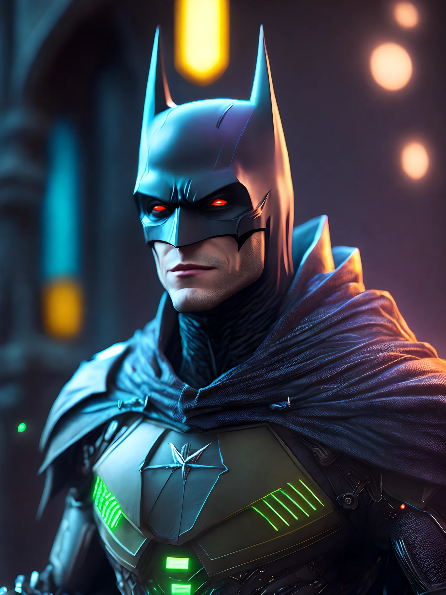 Retrato, Coringa Batman da DC, bio-mechanical, complex robot, crescimento completo, hiperrealista, pequenos detalhes insanos, linhas extremamente limpas, aesthetic cyberpunk, obra-prima apresentada em Zbrush Central, Gothic brutalist cathedral, cyberpunk, foto premiada, bokeh, luzes neon, cybernetic limb