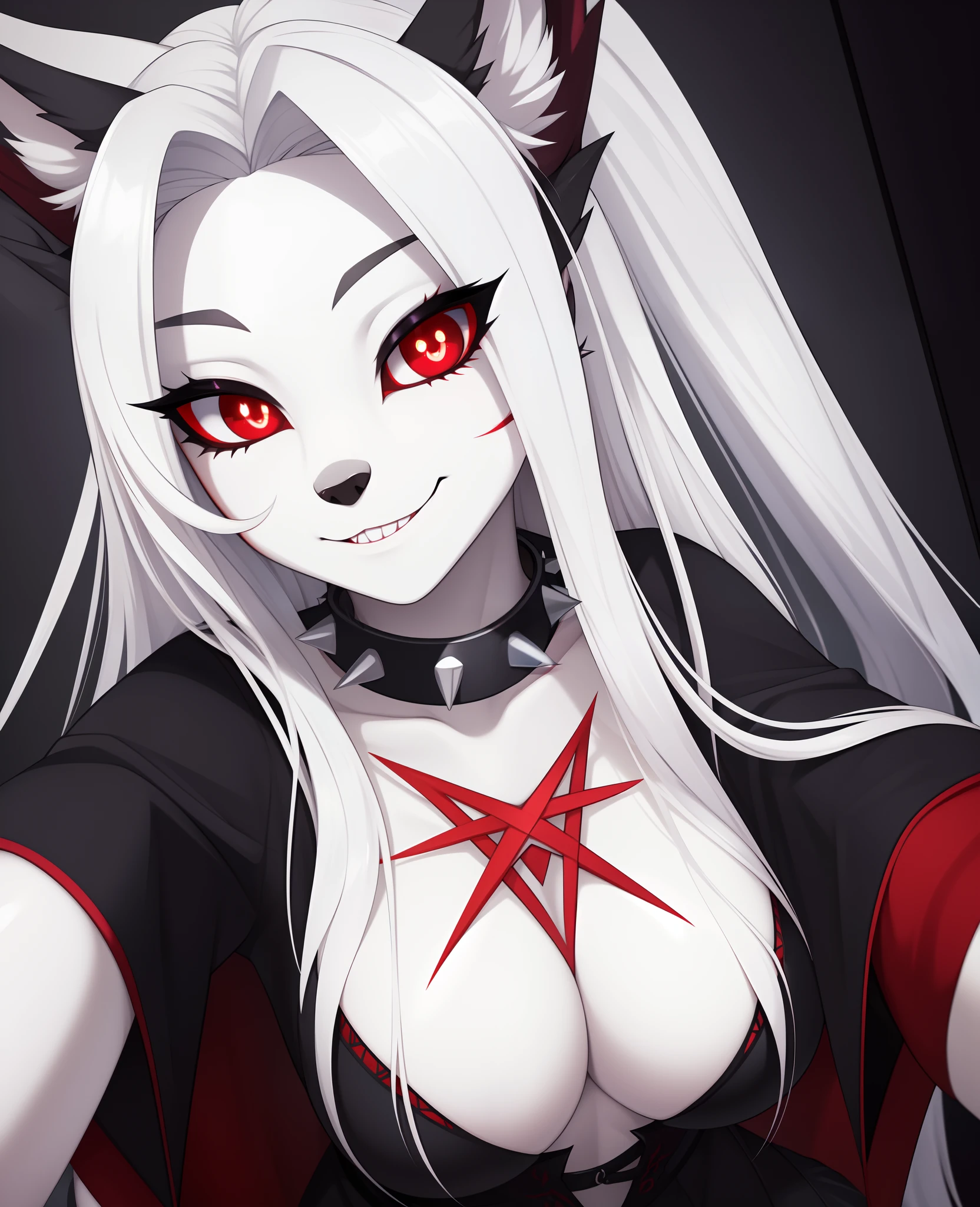 masterpiece, best quality, face portrait of a female anthro loona hellhound, loonacroptop, detailed face, (detailed eyes, slit pupils, white pupils:1.2), (red sclera), smile, [spiked collar, pentagram], (looking at viewer), selfie