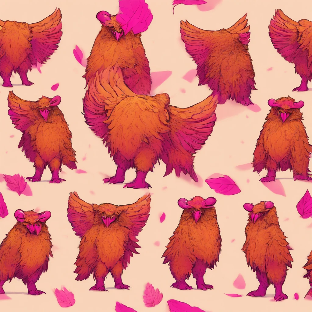 Owlbear, orange-brown with fuchsia markings, vivid pink scorpion tail and scorpion claws, masterpiece, best quality