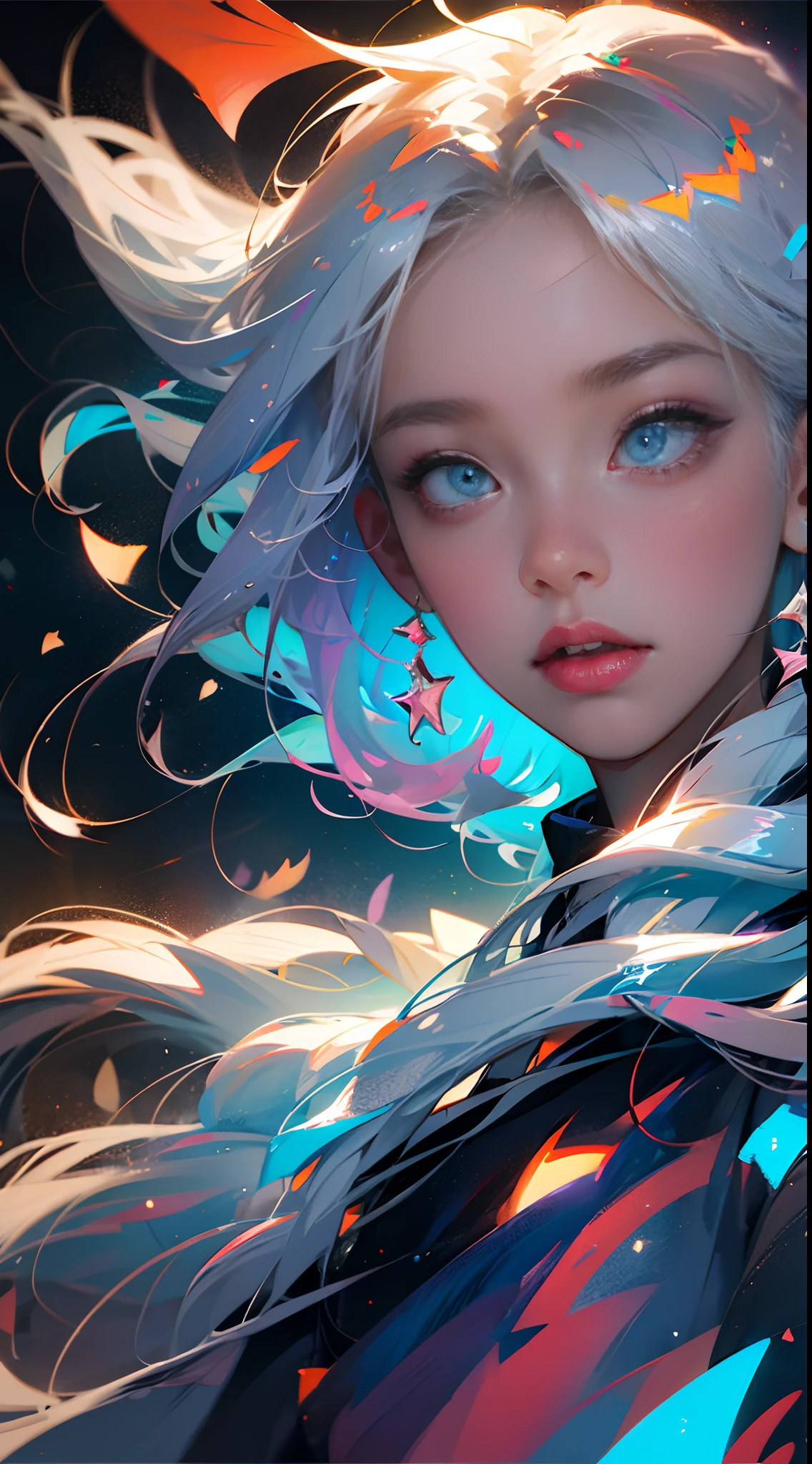 (best quality, masterpiece), 1girl, pose, facial features, eyes, particles, wind, upper body, simple background, looking at viewer, silver-haired girl, starry sky, --auto --s2
