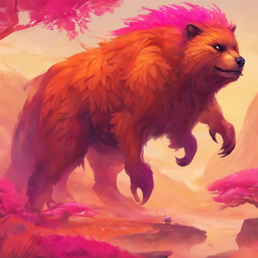 Owlbear, orange-brown with fuchsia markings, vivid pink scorpion tail and scorpion claws, masterpiece, best quality