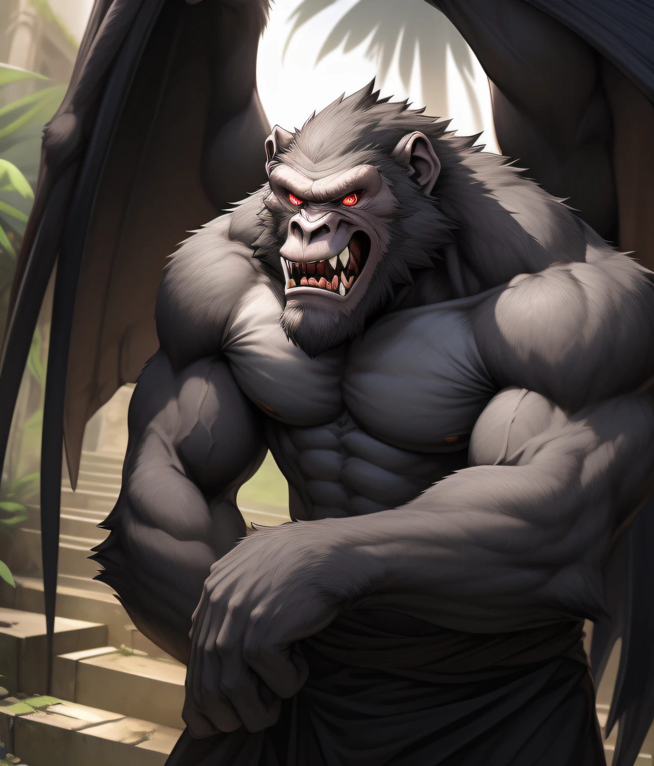 nj5furry, (Grey Ape, Skinny, scrawny, evil and dangerous look, fleshless wings, two wings), Gray Ape, ((extremely realistic shadows, masterpiece, extremely detailed, photorealistic)), kemono, winged gray ape, ((70 years old)), two wings, firm back, dark gray skin, ribs are noticeable, broad shoulders, hunched, poorly worked muscles, (((GRAY FUR))) Gray ape, ((detailed face)) bulbous nose, red eyes, ((detailed eyes) ), threatening, evil expression, yellowish teeth, slightly open mouth, red tongue, gray fur, predator, carnivore, voracious, crazy, crazed expression, crazy eyes, height 3 meters tall, optimal height, shabby clothes, hominid body; winged ape, long legs, slender arms, manly, terrifying face, feral. Ruins of a temple behind him; tropical jungle, looking at viewer.