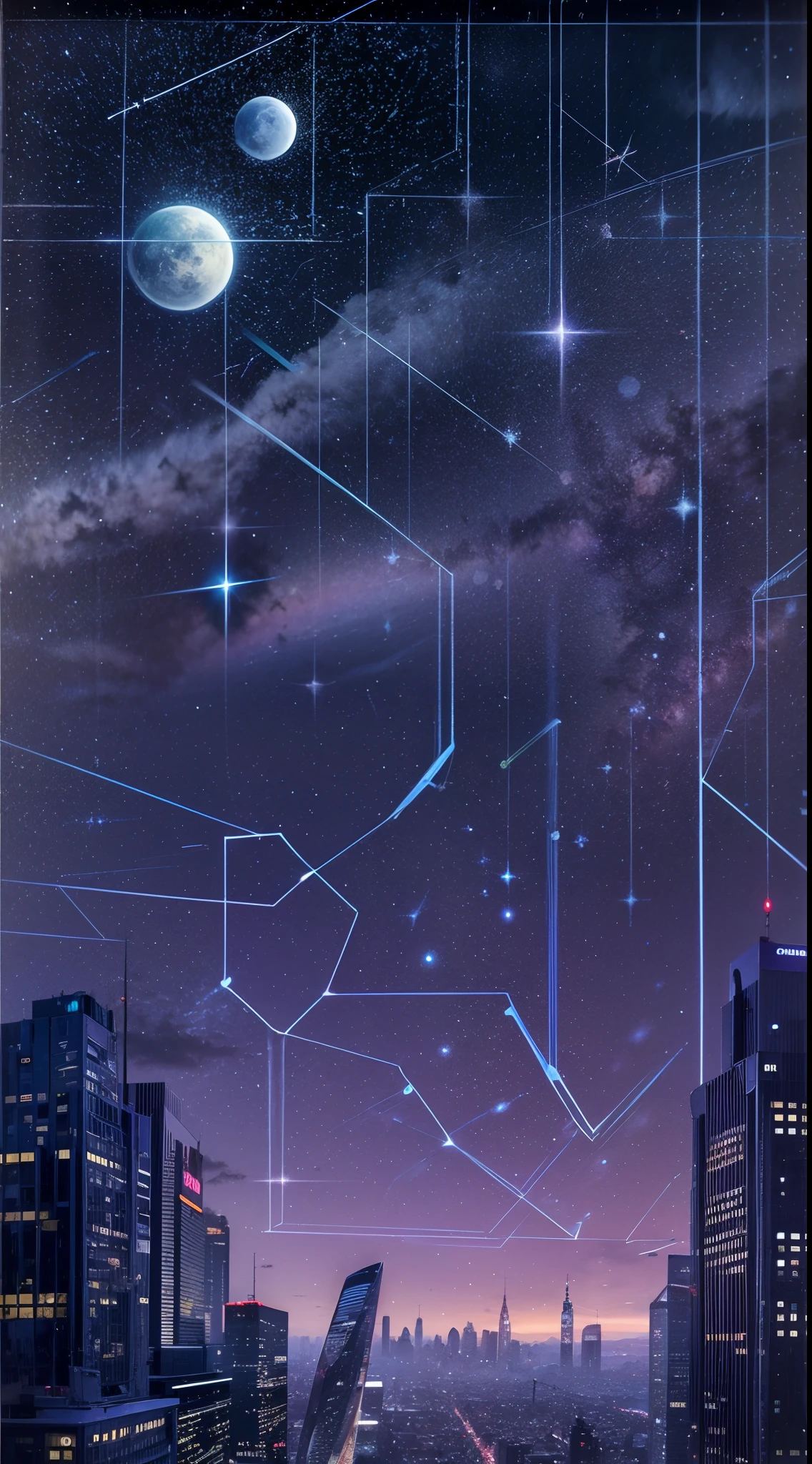 starry sky with the constellations of the zodiac, shades of purple as if they were nebulae, vast space, cyberpunk city at the bottom,
