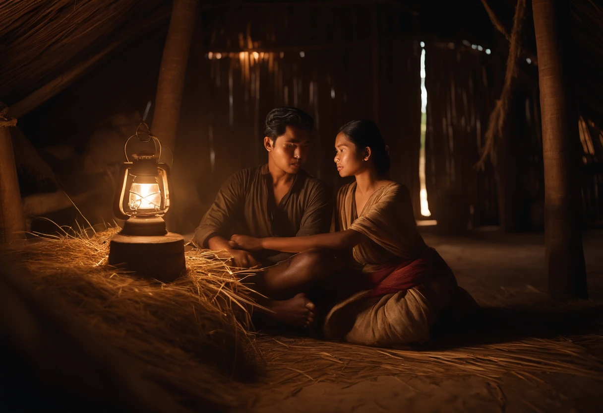 Poor young man and wife, Ancient Thai, Ancient straw huts, Slavery suit, Antique lamps, Bella Ranee, zahid abbas
