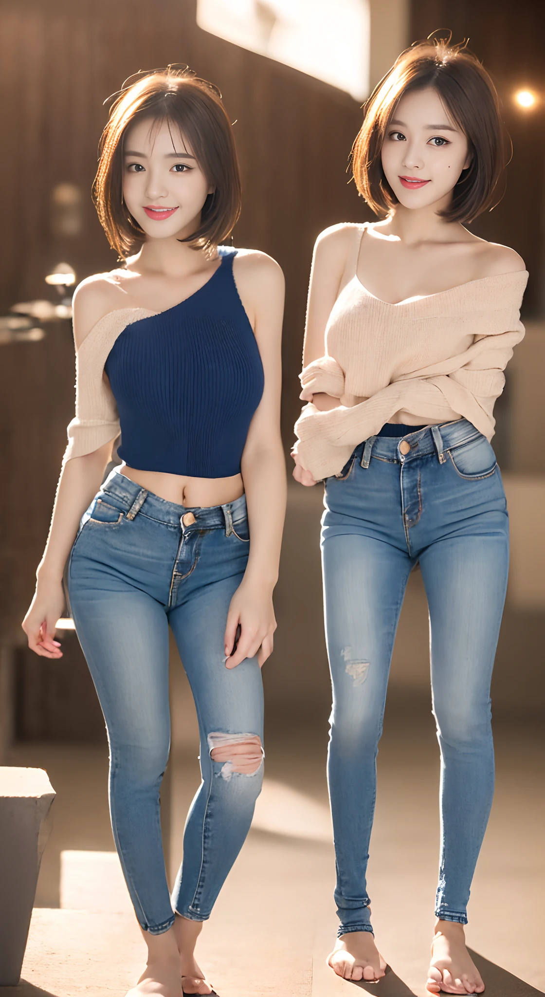 1 very beautiful woman, 25 age old, Solo, Best quality, Photorealistic, tmasterpiece, 8K high-definition, A high resolution, Extremely detailed face, (Professional lighting,Bokeh),(light particules,lens flare glow,Luminous Particle:0.6),gentlesoftlighting,Trendy atmosphere,jpn,the street,Stylish short hair,bobo head, A brown-haired, Hair is delicate and soft,Fluttering, cparted lips, lipsticks, Seductive smile, ssmile, Open-mouthed, teeth, Swan neck,Shave your shoulders, Bigchest,(Golden ratio figure),Wear a blue skinny sweater, (Wash blue)(skintight jeans),(detailed outfits:1.5), 二重まぶた,long eyelasher, birthmark, (Moles under eyes: 1), The calves are well-proportioned, slenderness:1.2,A pair of jade feet are white and shiny,without wearing shoes:1.5,( Coquettish sex,Coquettish and beautiful pose,The posture is diverse),Female-centered focus photography,The waist is the focus,close focus,shooting full body:1.8,fully body photo:1.8
