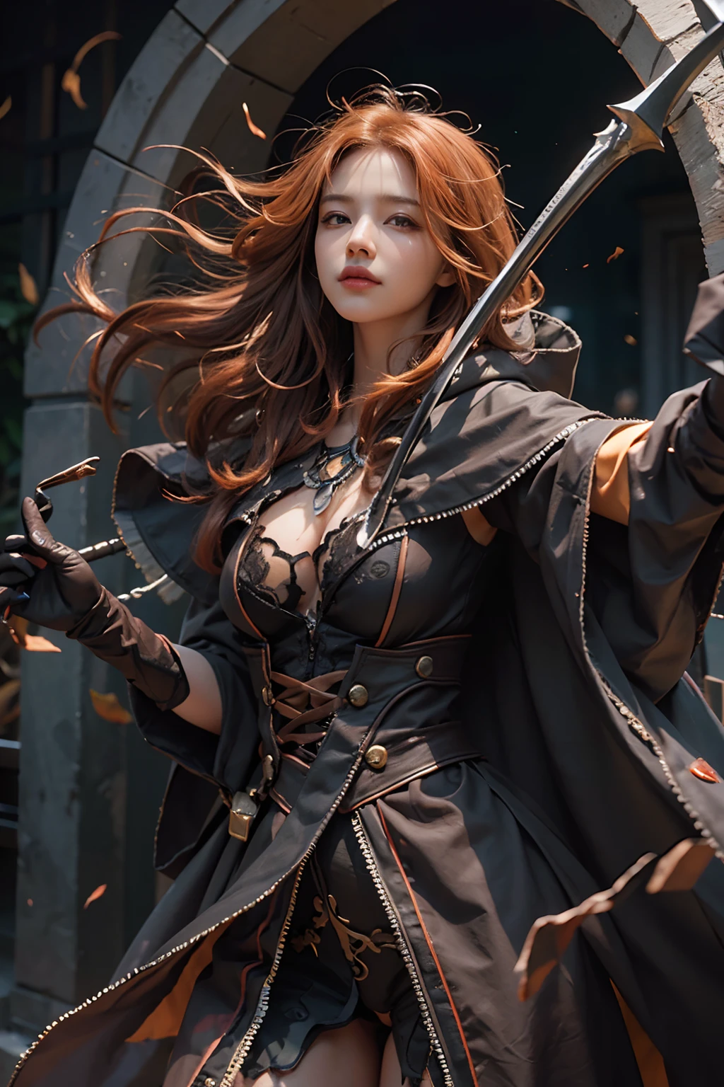 Cute hooded girl,The Grim Reaper emerges from the swirling shadows.Stand in the Cemetery of Forgotten Souls.(Female Grim Reaper Protecting a Girl from Behind:1.3,)Wielding a scythe,(Light brown and light orange striped hair:1.3,),Dark makeup,Beautiful breast slip、A smile that makes the viewer happy,Perfect face,Proper body proportion,masutepiece,High-quality output images,超A high resolution,Intricate details,Very delicate and beautiful hair,photographrealistic,Dreamy,Professional Lighting,realistic shadow,Beautiful hands,Beautiful fingers,Detailed finger features,detailed clothes features,Detailed hair features,detailed facial features,Style fighting games,Style RPG