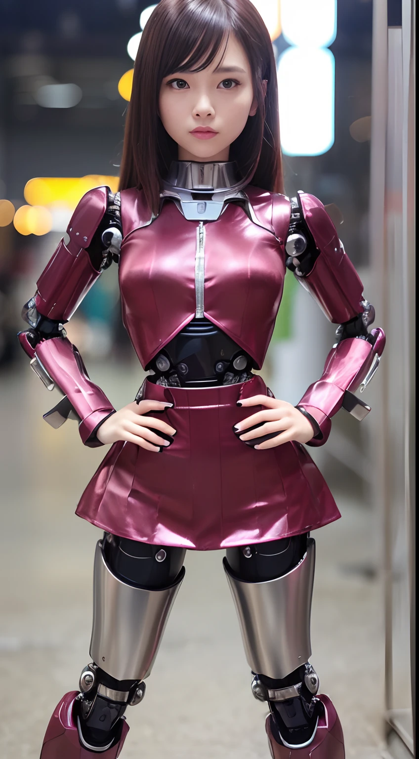 (Photorealsitic:1.4)、One-woman、(top-quality)、(hyperdetailed face)、(Super well-formed face)、((Robot Parts))、(Female-Robot)、(26 years-old)、(silver)、(pink there)、(metallic)、(Full-body)、(sexy pose)、(Slender body)、(Model body type)、(full body mech)、(Akihabara)、(is looking at the camera)、(A dark-haired)、(Well-proportioned lady)、(a small face)、(well-groomed fingers)、(Idol)、(front facing)、(Standing with legs open)、(Hands on hips)、(Photo session)、(Looks sad)、(wear a Burgundy satin shirt)、(sleeve less)、(a miniskirt)、(perfect-female-robot)、(perfect-mechanical-body)