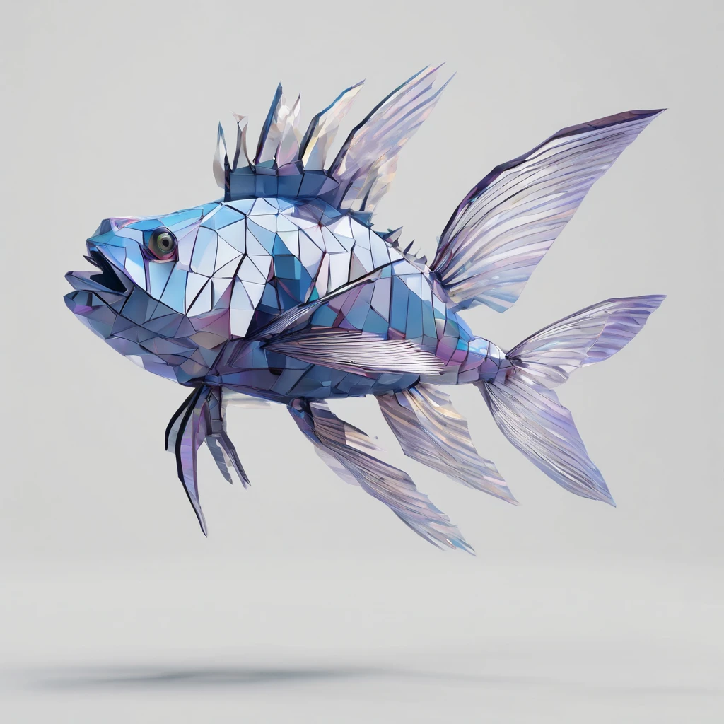 Perfect alignment，Tuna-like sting々Lionfish、Crystal style, 发光, Standing position, Abstract beauty, Centered, Looking at the camera, Facing the camera, flawless、Dynamic、 Highly detailed, sleeoing, 8K High Resolution, Illustration,, White background、Geometric art、