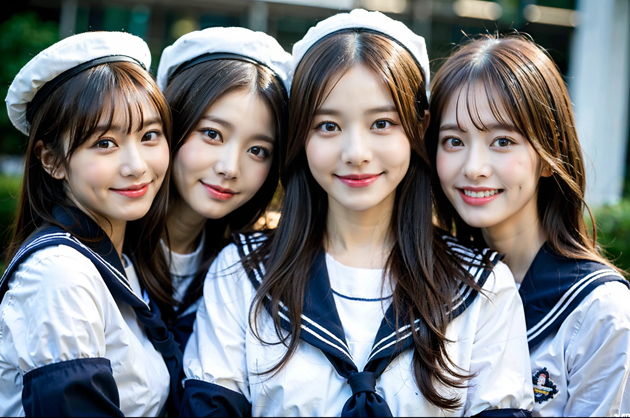 3girls,(8K,Raw photo、Raw photo、top-quality、Master masterpiece:1.2)、ultra-detailed、Super Resolution、(Photorealistic:1.3),Clearly draw shades of light、high resolution RAW color photos、professional photography、Same skin type as humans、Female proofreading of Japan from head to waist、Blur the background、Draws faithfully to anatomy、Correct number of fingers,(high school uniforms:1.3),(sailor uniforms:1.2),extremely-detailed and beautiful,Ultra-high image quality、Same skin type as humans,Blur the background,updo hair,(full body shot:1.3),(Puffy cheeks),Detailed clothes,Very detailed beautiful,(Pink Eye Shadow),smile, night,