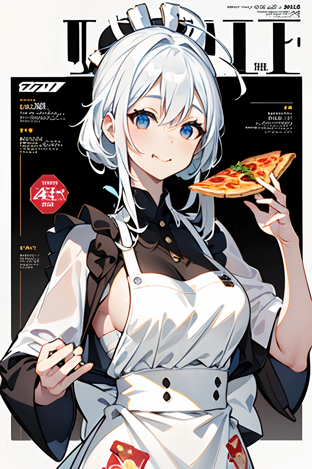 (masuter piece,Best Quality,Ultra-detailed), (A detailed face),Magazine Articles,1girl in,White hair,Aimei,age19,cute little,Warm smile,I'll eat a giant pizza,Floral apron,foods,Texto,advertisement,magazine title