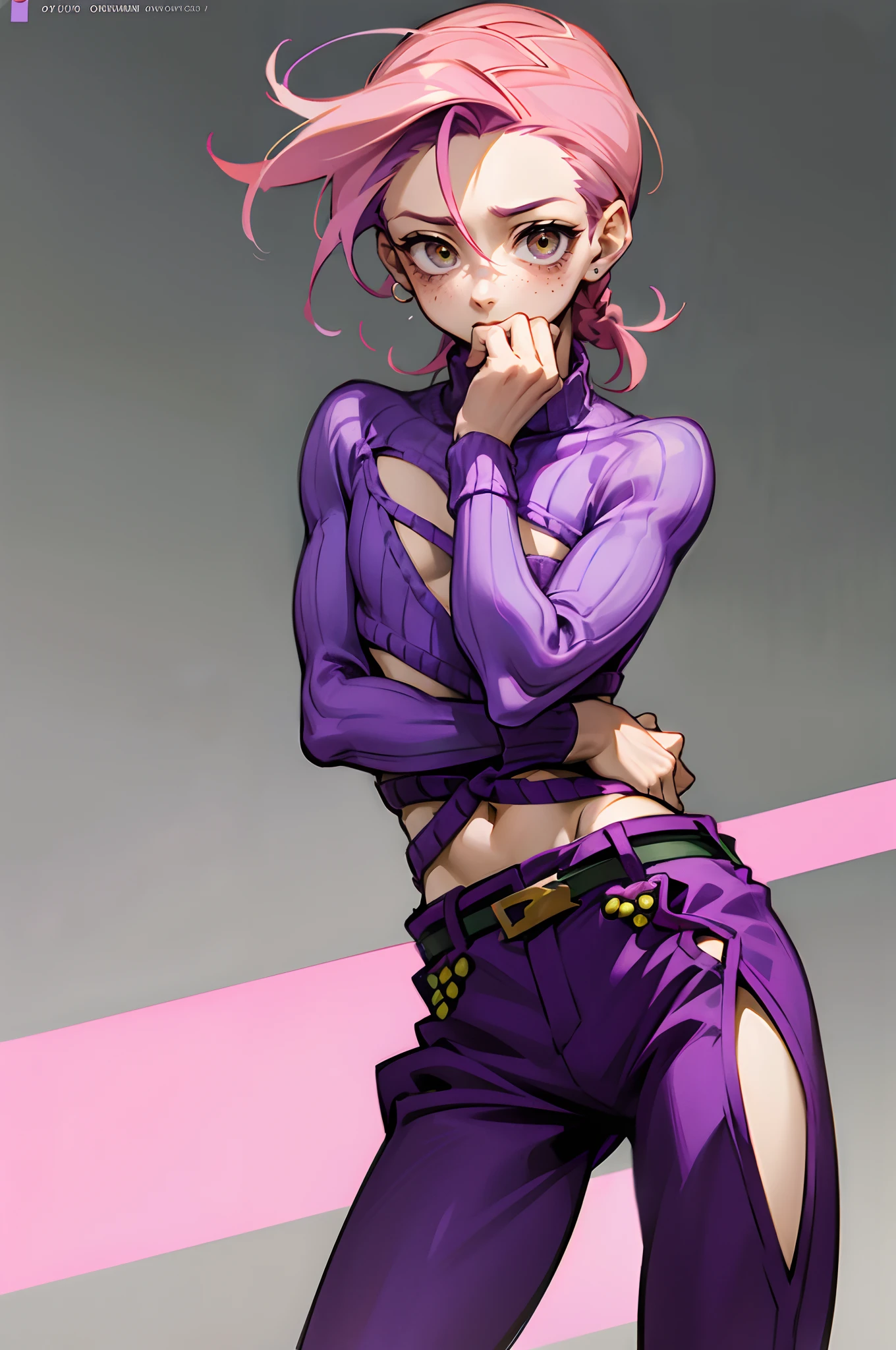 vinegar doppio, doppio, pink hair, purple sweater, purple pants, purple shoes, freckles, green belt, 1boy, male focus, solo, brown eyes, cowboy shot, boy