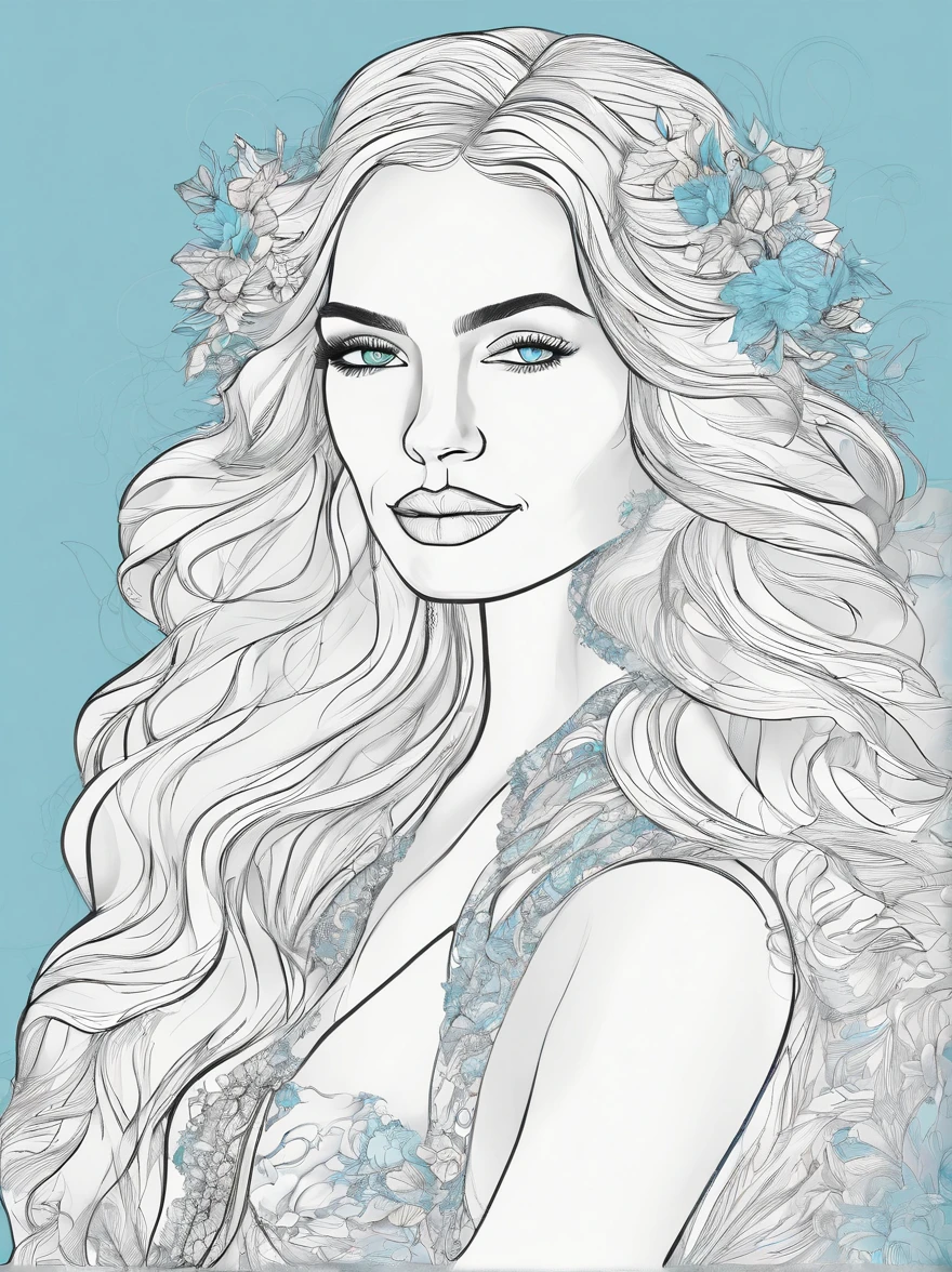 (best quality,4k,8k,highres,masterpiece:1.2),ultra-detailed,beautiful girl with long white hair and a blue long dress, modern accessories, smiling, detailed facial features, holographic, light blue background.