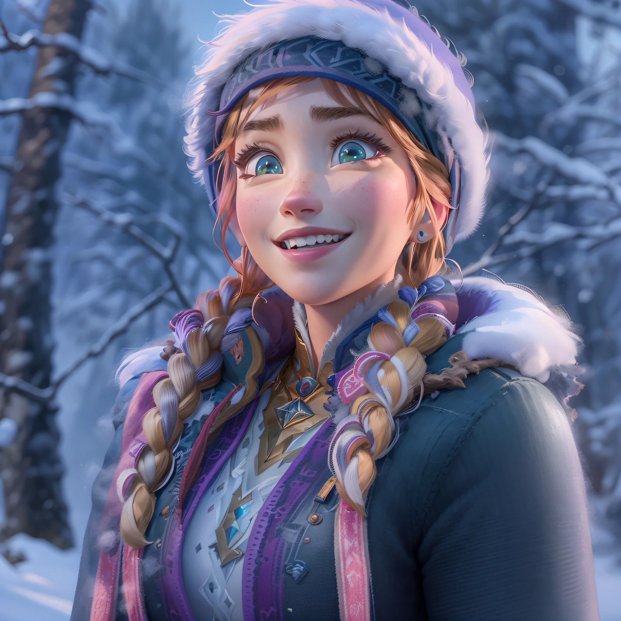 (masterpiece:1.4), (best qualit:1.4), (high resolution:1.4), 
anna of arendelle, purple cap, twin braids, winter mountain outfit,
outdoos, ice, winter, snow, forest,
looking at viewer, smile, photo-realistic, octane render, unreal engine, ultra-realistic