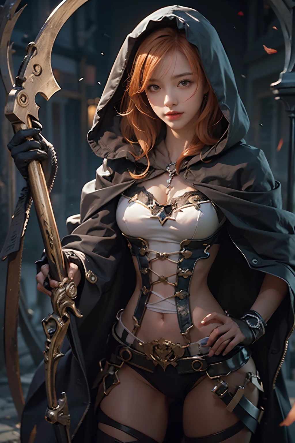 Cute hooded girl,The Grim Reaper emerges from the swirling shadows.Stand in the Cemetery of Forgotten Souls.(Female Grim Reaper Protecting a Girl from Behind:1.3,)Wielding a scythe,(Light brown and light orange striped hair:1.3,),Dark makeup,Beautiful breast slip、A smile that makes the viewer happy,Perfect face,Proper body proportion,masutepiece,High-quality output images,超A high resolution,Intricate details,Very delicate and beautiful hair,photographrealistic,Dreamy,Professional Lighting,realistic shadow,Beautiful hands,Beautiful fingers,Detailed finger features,detailed clothes features,Detailed hair features,detailed facial features,Style fighting games,Style RPG