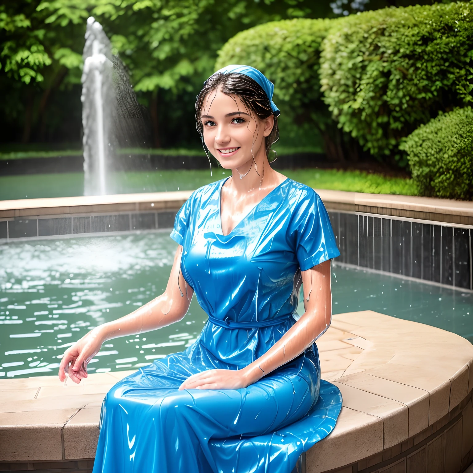 woman in a blue dress sitting in a fountain, wearing a dress made of water, portrait of a nurse, absolutely outstanding image, water fairy, nurse, wearing a hospital gown, nurse girl, splashing, nurse, medical photography, nurse's leather suit, anna nikonova, nurse costume, post graduate, trainee nurse, healthcare worker, drenched, soaked, smiling at viewer, water dripping, oil drenched clothes, 8k, alluring, (((wet)))