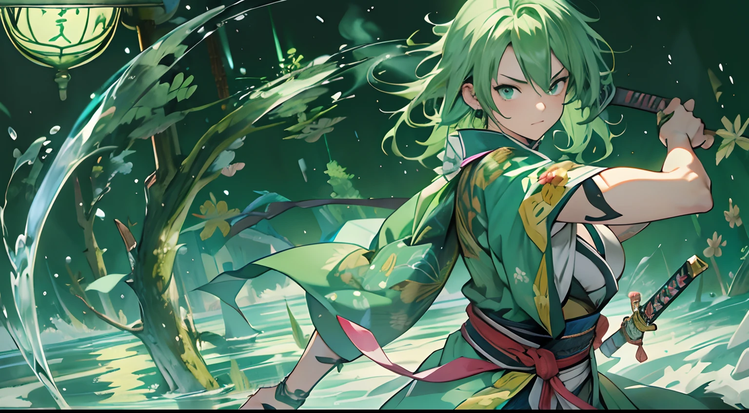 {{masutepiece}}、{{high-level image quality}}、neons、medieval times、Neat face、A big sword is stuck in the ground、Green hair、The Strongest Warrior、kimono、water magic
