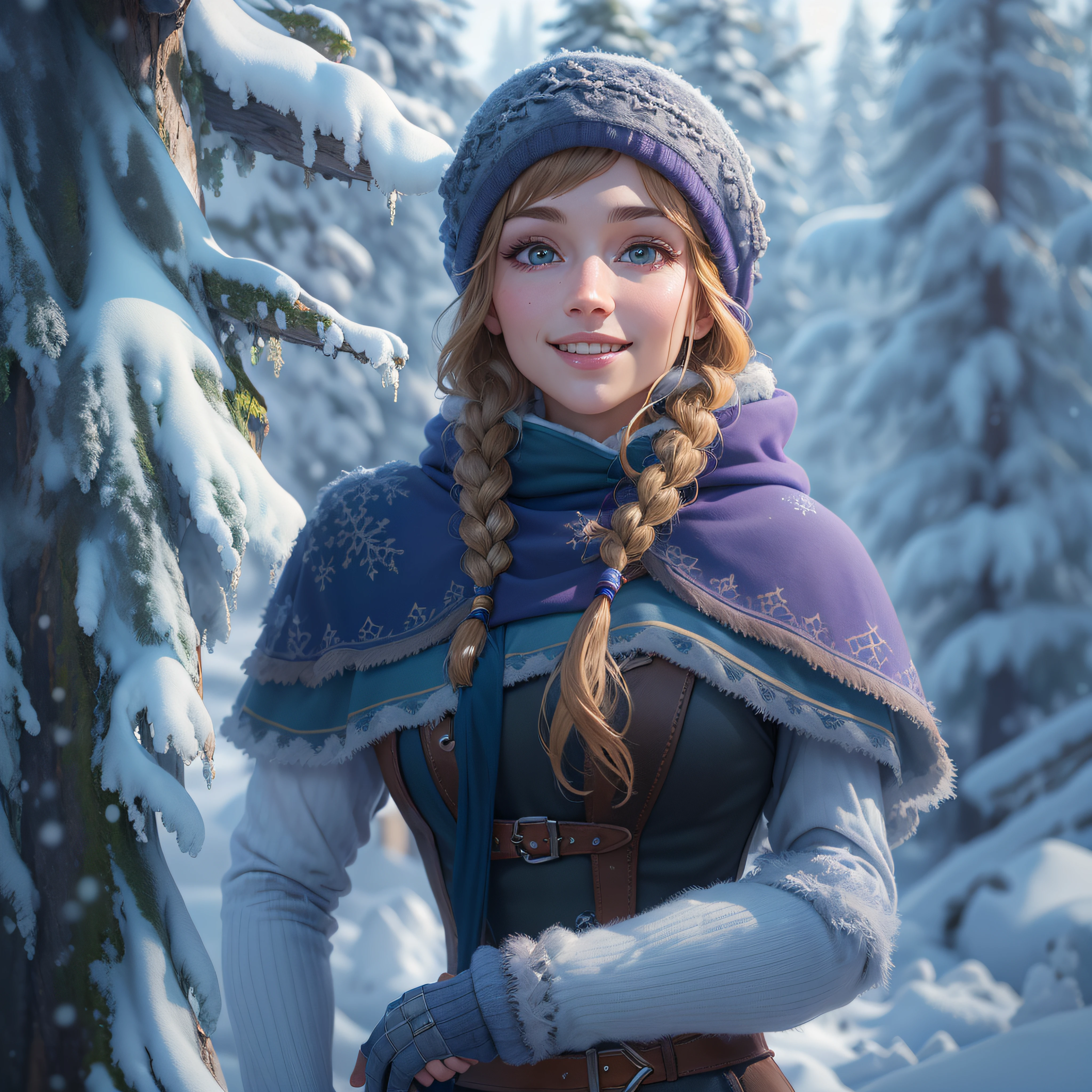 (masterpiece:1.4), (best qualit:1.4), (high resolution:1.4),
anna of arendelle, purple cap, twin braids, winter mountain outfit,
outdoos, ice, winter, snow, forest,
looking at viewer, smile, photo-realistic, octane render, unreal engine, ultra-realistic