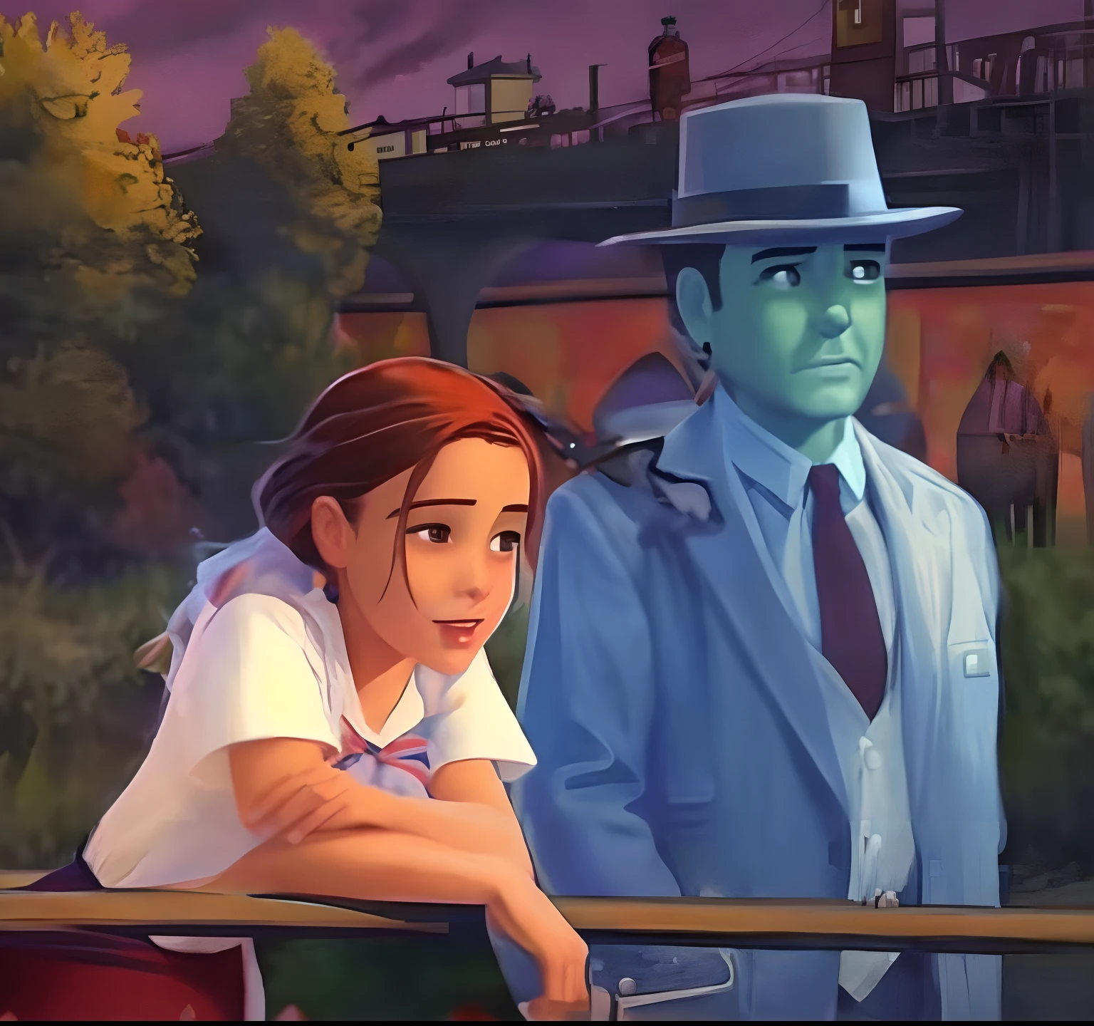 painting of a man and woman standing on a bridge with a train in the background, cover art of graphic novel, point-and-click adventure game, by David B. Mattingly, ( art fitzpatrick ), inspired by John F. Peto, a painting of two people, goosebumps book cover, promotional art, shadow over innsmouth, kid and mad scientist walking