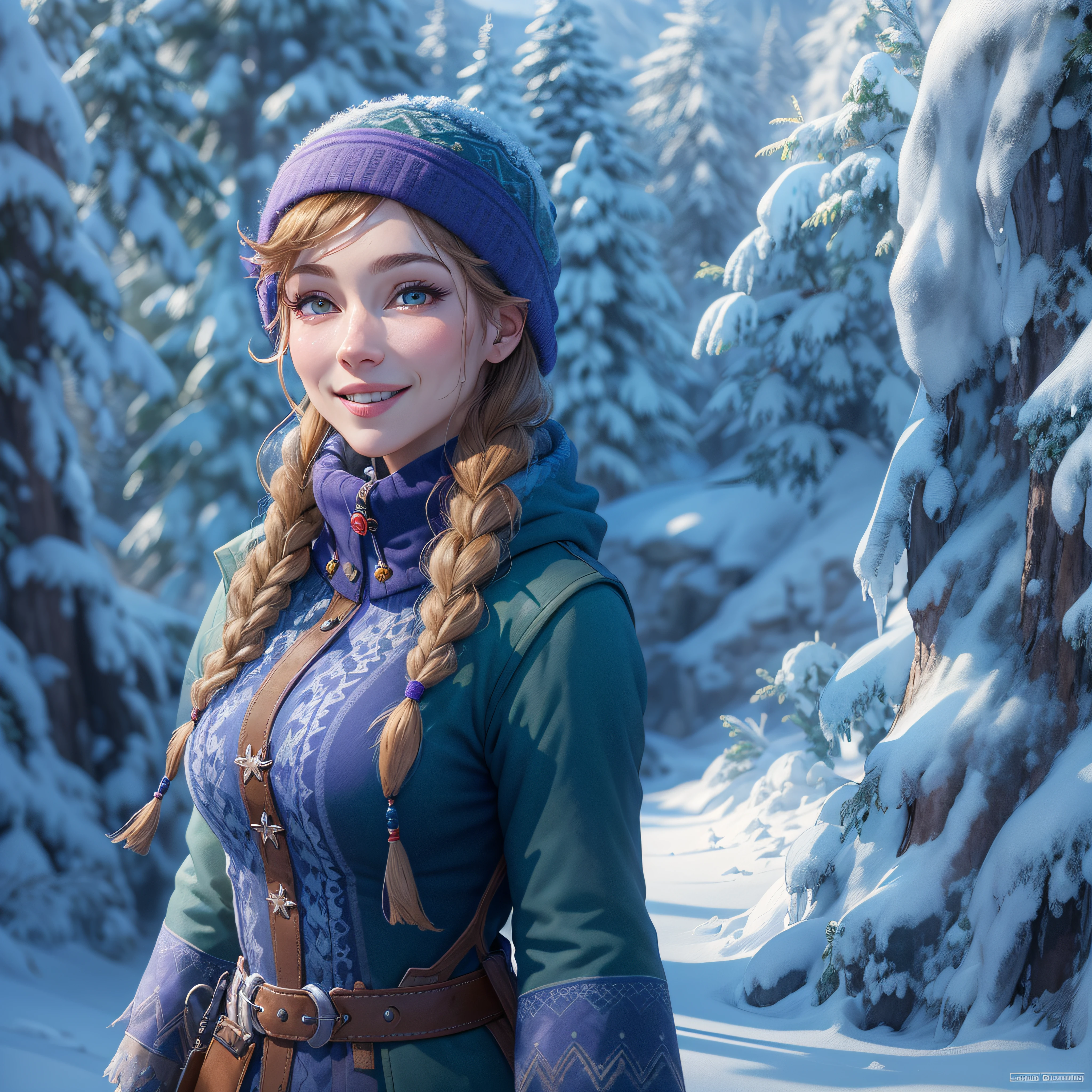 (masterpiece:1.4), (best qualit:1.4), (high resolution:1.4),
anna of arendelle, purple cap, twin braids, winter mountain outfit,
outdoos, ice, winter, snow, forest,
looking at viewer, smile, photo-realistic, octane render, unreal engine, ultra-realistic