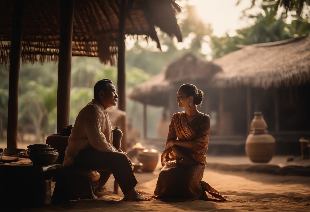 Poor man and millionaire wife, Ancient Thai, Ancient straw huts, Slavery suit, Antique lamps,