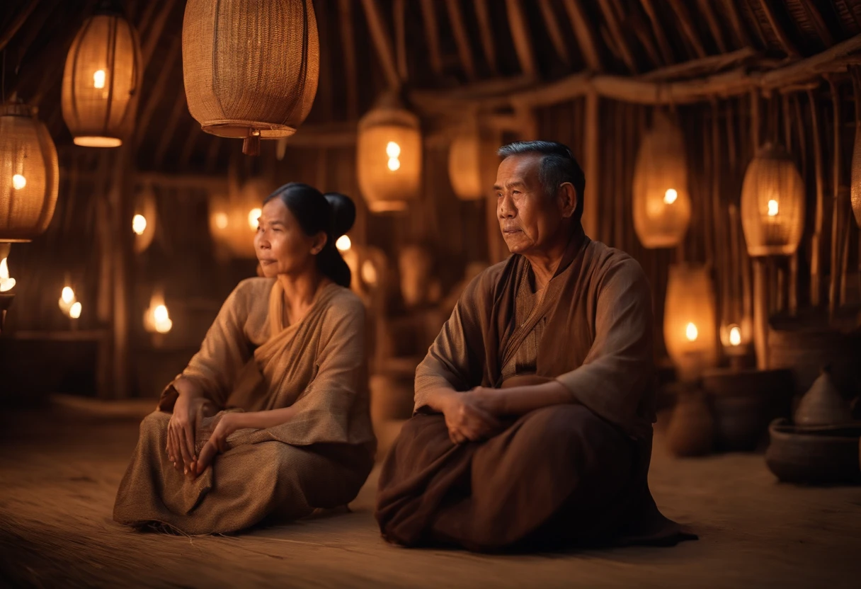 Poor man and millionaire wife, Ancient Thai, Ancient straw huts, Slavery suit, Antique lamps,