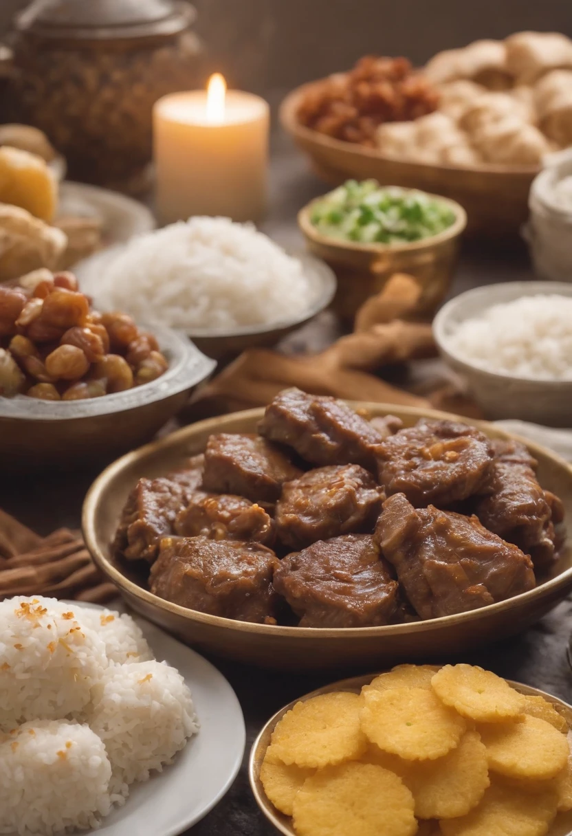 Showcase delicious Eid delicacies, Including juicy lamb or goat dishes, Fragrant rice, and an array of delicious sweets