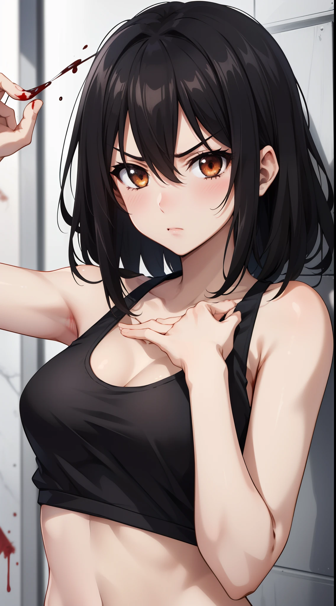 masterpiece, best quality, 1 girl, himeragi yukina, brown eyes, black hair, hair between eyes, medium hair, medium breasts, (healthy skin), ((prison, blood)),  bare shoulders, ((upper body)), (((black tank top))), ((disgust, disdain)),  sleeveless,