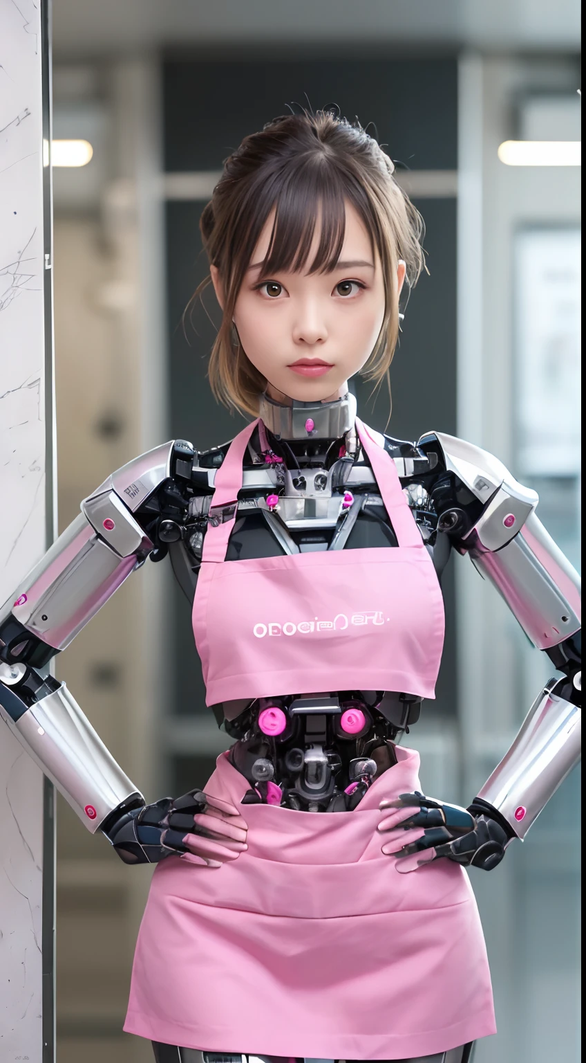 (Photorealsitic:1.4)、One-woman、(top-quality)、(hyperdetailed face)、(Super well-formed face)、((Robot Parts))、(Female-Robot)、(26 years-old)、(silver)、(pink there)、(metallic)、(Full-body)、(sexy pose)、(Slender body)、(Model body type)、(full body mech)、(Akihabara)、(is looking at the camera)、(A dark-haired)、(Well-proportioned lady)、(a small face)、(well-groomed fingers)、(Idol)、(front facing)、(Standing with legs open)、(Hands on hips)、(Photo session)、(Looks sad)、(put on an pink-apron)、(perfect-female-robot)、(perfect-mechanical-body)