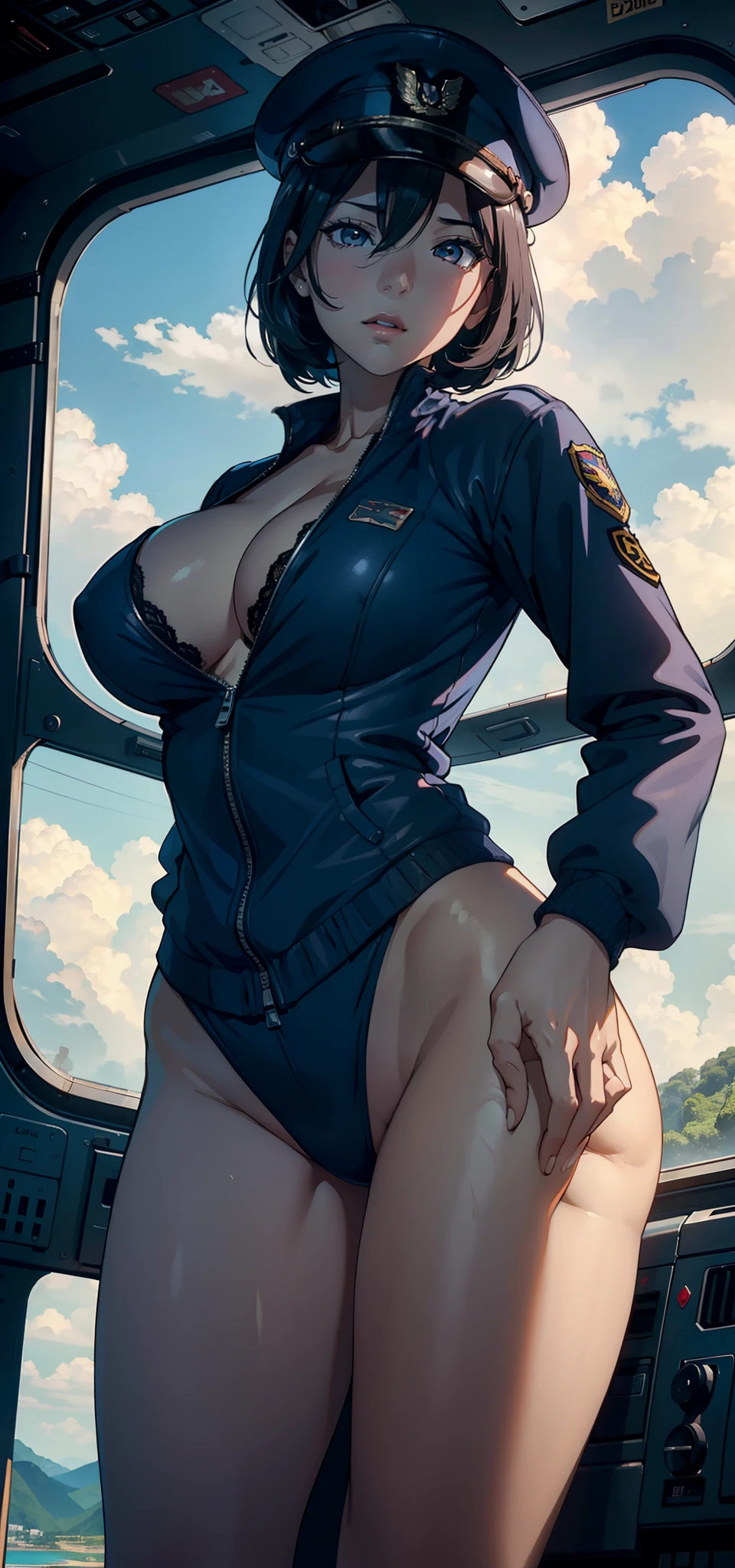 1female,41 years old,熟妇,A MILF,mature,plumw,extremely large bosom ,Pornographic exposure, 独奏,(Background with:aerodrome,Planes,the rainforest,in summer) She has short black hair,bobo head,Workstations within the aircraft,standing on your feet,seen from the front, hair straight, mostly cloudy sky,(((tmasterpiece),(Very detailed CG unity 8K wallpaper),best qualtiy,cinmatic lighting,detailed back ground,beatiful detailed eyes,Bright pupils,(Very fine and beautiful),(Beautiful and detailed eye description),ultra - detailed,tmasterpiece,)),facing at camera,A high resolution,ultra - detailed),revealing breasts,Bare genitalia, Bulge,legs are open,Raised sexy,Camel toes,Flushed complexion,Open-mouthed,frontage,Soviet Air Force,Aviator,Officer's cap,(Wearing:Navy blue baseball jacket,black lace cleavage underwear)The upper part of the body