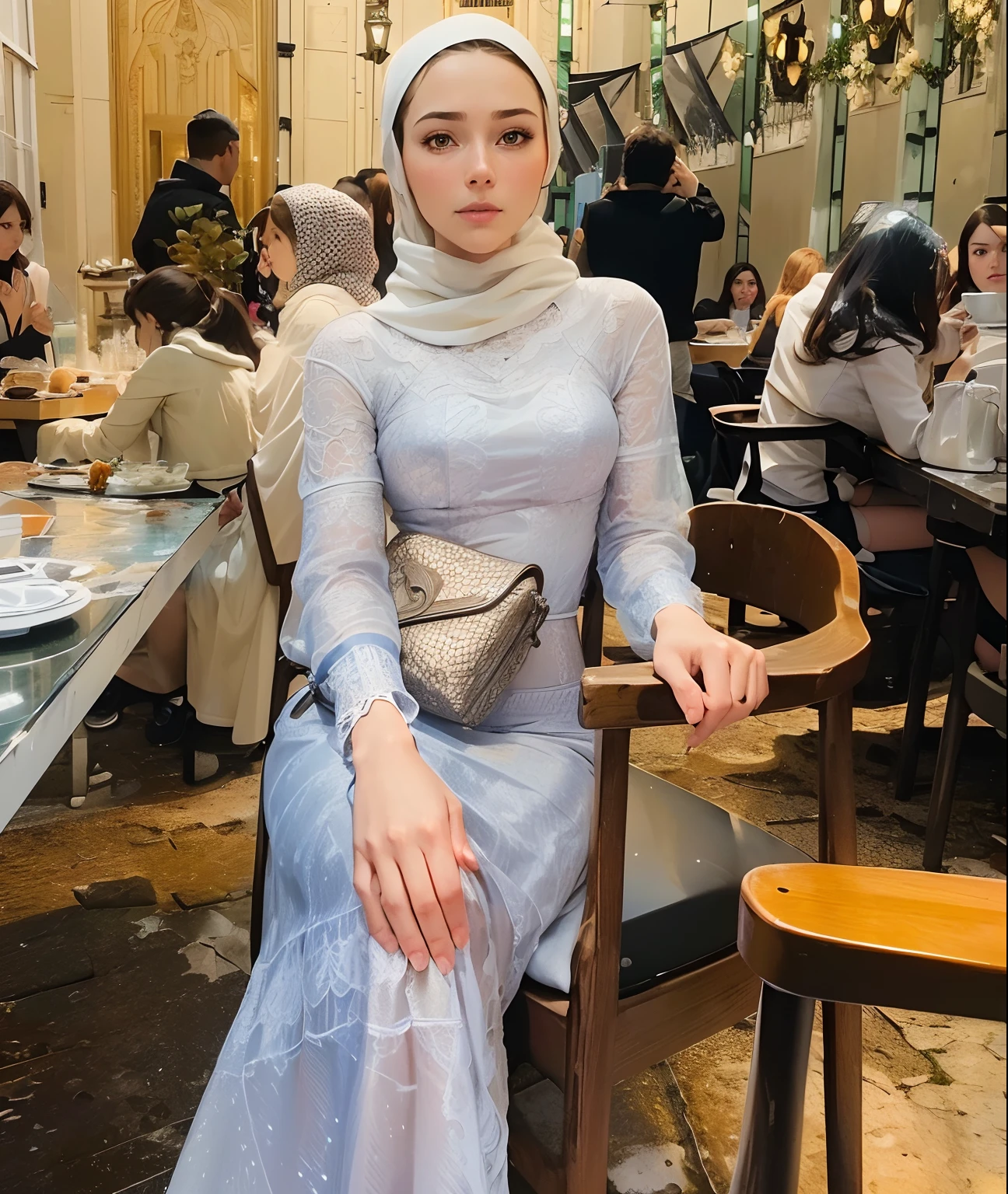 ((Realistic lighting, Best quality, 8K, Masterpiece: 1.3)), Focus: 1.2, 1girl, Perfect Figure: 1.4, Slim Abs: 1.1, ((Dark brown hair)), (White dress: 1.4), (Outdoor, Night: 1.1), City streets, Super fine face, Fine eyes, Double eyelids,