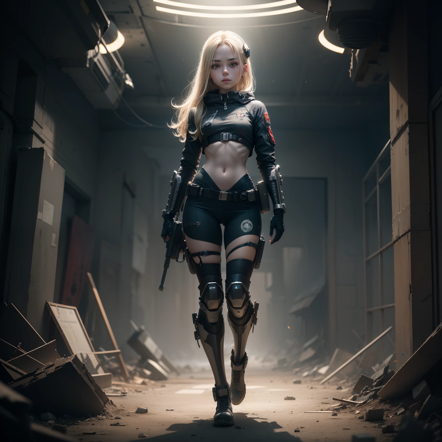 Destroyed towns,ukrainian girl , Ukrainian anime girls , , Ukraine ,  Full body composition of young girl with messy bright blonde hair, eye make up, ,  Soft lighting, Solo, Old torn dirty shabby futuristic military uniform, badges, Pose, Blotch color, Octane Render, Hyperrealistic intricate detail, Cinematic, 8K resolution, 70mm, Accent Lighting, Global Illumination, Full body portrait, clean detailed faces, intricate clothing, Cute face, flat chest, Slim waist, Slim legs, small hips,Exoskeleton combat suit like a spacesuit,Combat helmet,Holding the Gatling gun in your hand,