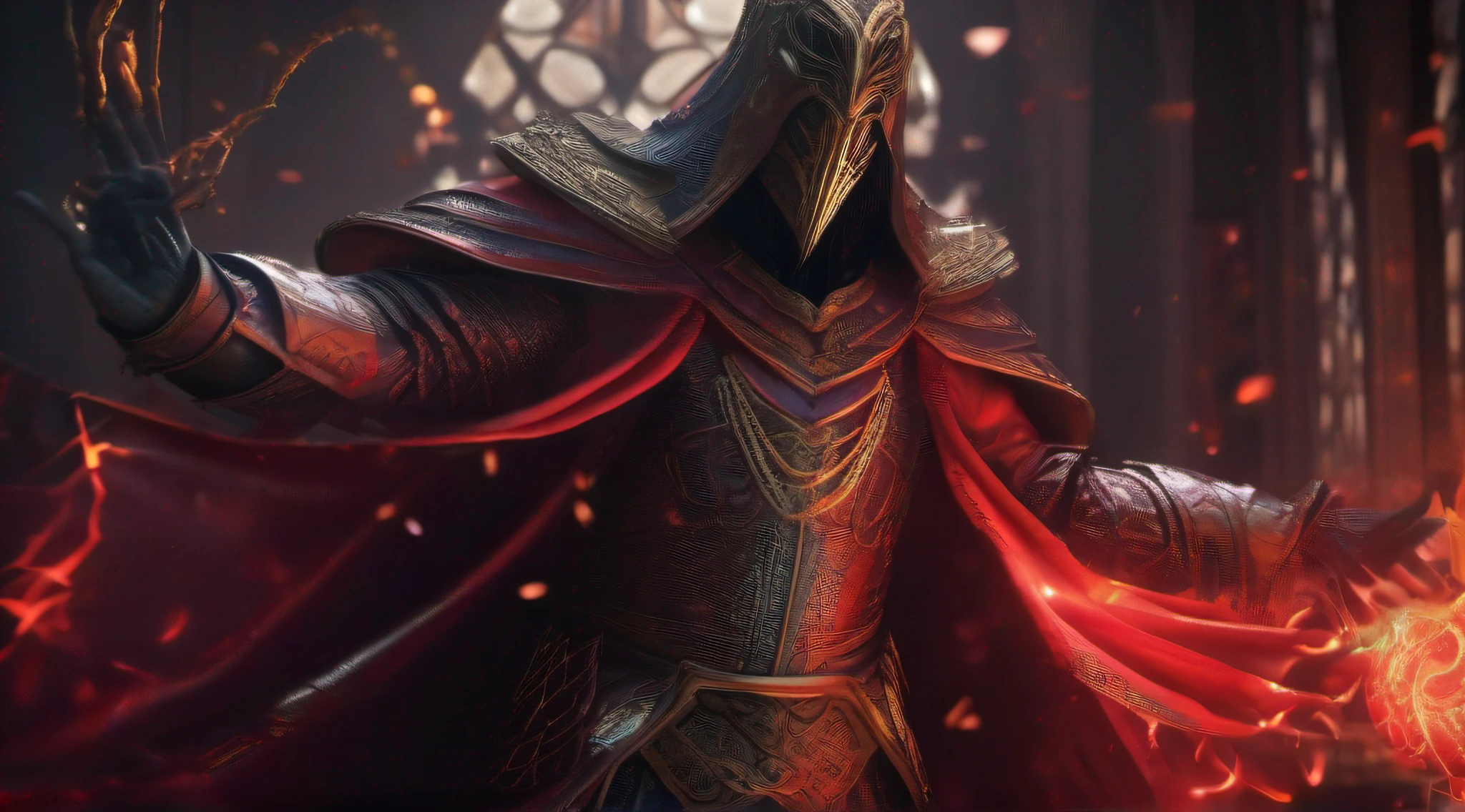 (ultra-detalhado CG unidade 8k papel de parede, master part, melhor qualidade, profundidade de campo, HDR, intrincado), Tall and sinister dark wizard wearing an adorned metal mask, olhos vermelhos brilhantes e uma discreta capa vermelha, with open arms (intrincado: 1.4) (master part: 1.4) (illustration: 1.4), red studio lighting, Post-processing, 8K resolution, fundo escuro, imponente, fotos meticulosamente compostas, impressionante, fantasia sombria (Directed by: Greg Rutkowski: 1.2), (por daarken: 1.5)