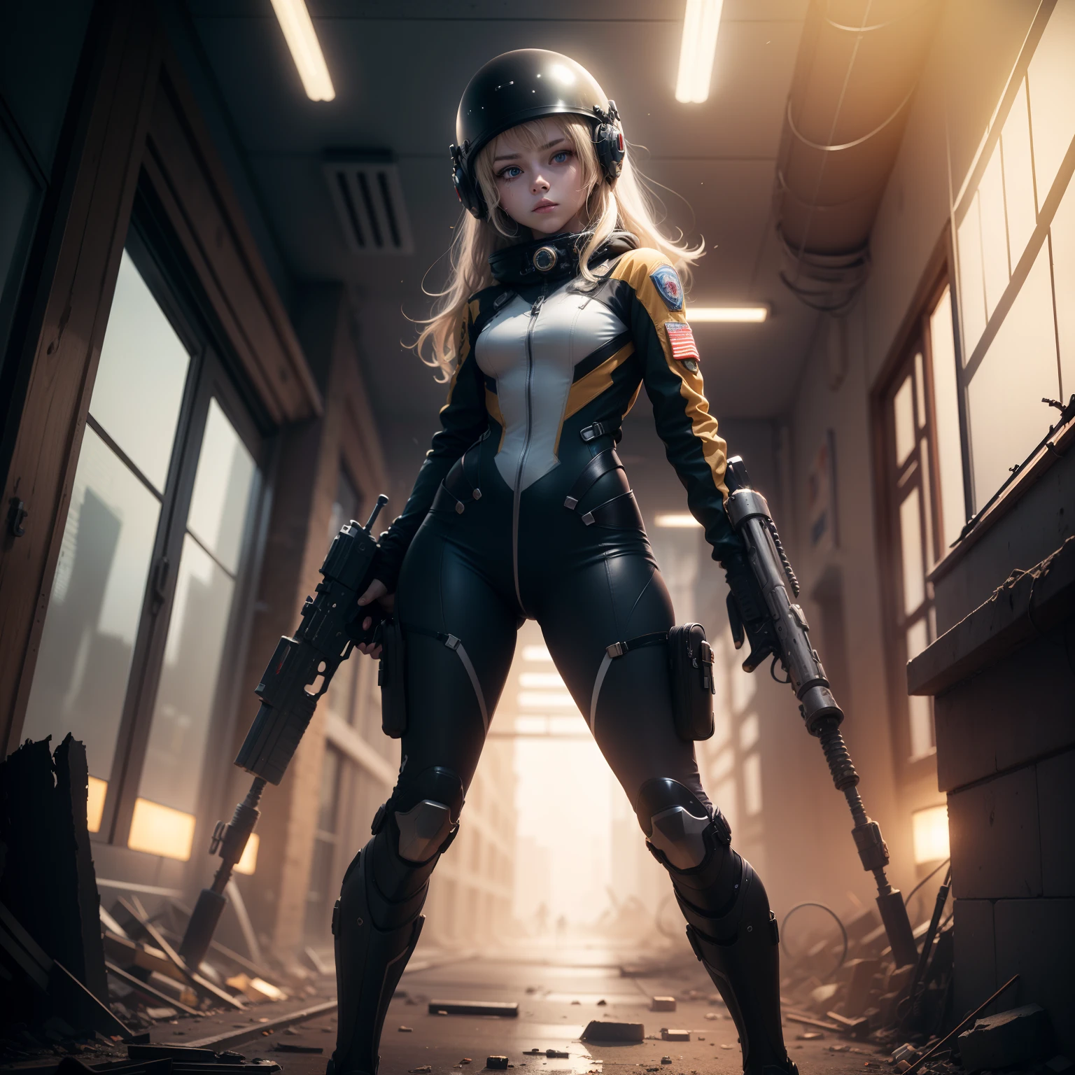 Destroyed towns,ukrainian girl , Ukrainian anime girls , , Ukraine , Full body composition of young girl with messy bright blonde hair, eye make up, 13 year old, Soft lighting, Solo, Old torn dirty shabby futuristic military uniform, badges, Pose, Blotch color, Octane Render, Hyperrealistic intricate detail, Cinematic, 8K resolution, 70mm, Accent Lighting, Global Illumination, Full body portrait, clean detailed faces, intricate clothing, Cute face, flat chest, Slim waist, Slim legs, small hips,Exoskeleton combat suit like a spacesuit,Combat helmet,Holding the Gatling gun in your hand,