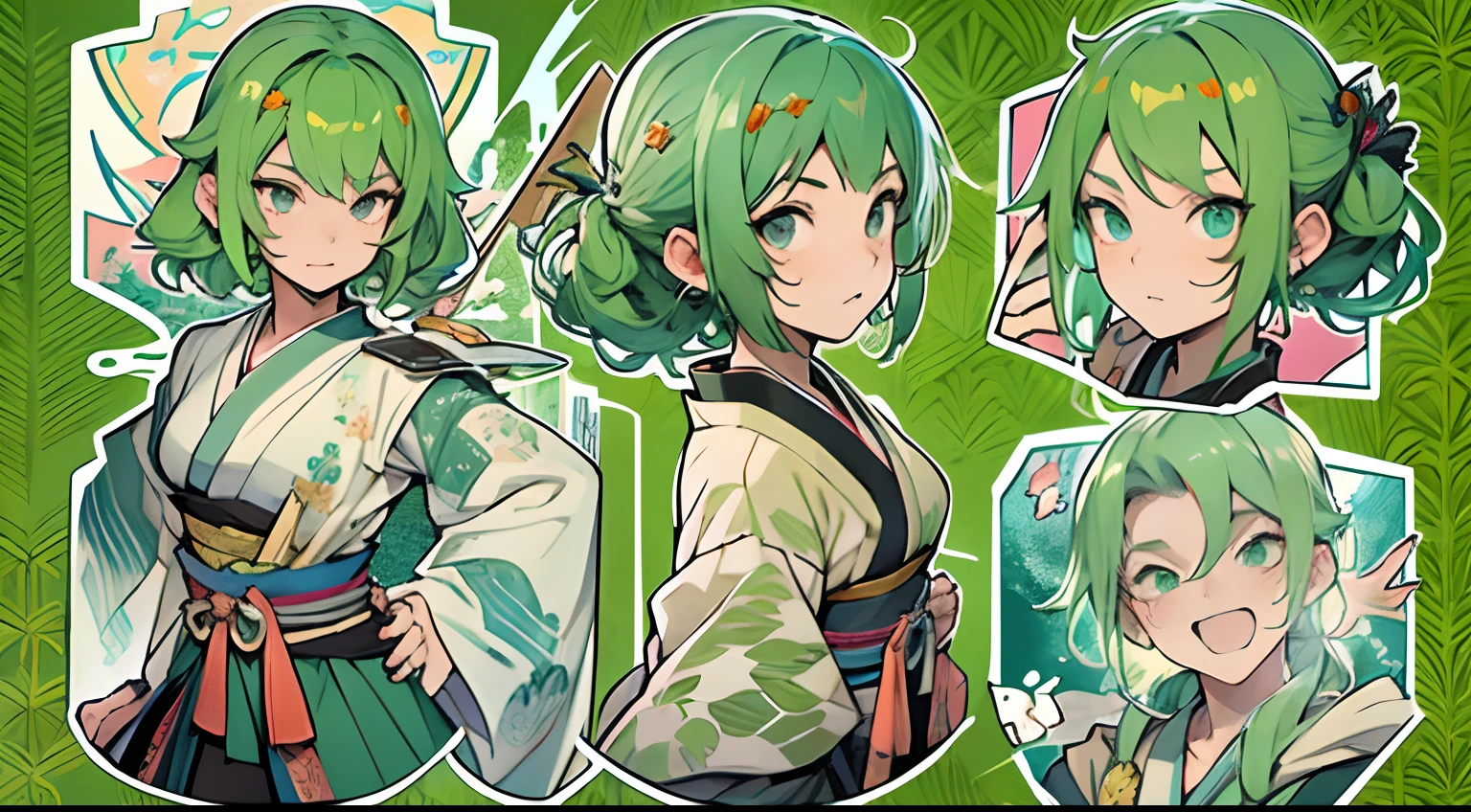 {{masutepiece}}、{{high-level image quality}}、neons、medieval times、Neat face、Green hair、The Strongest Warrior、Kimono、water magic