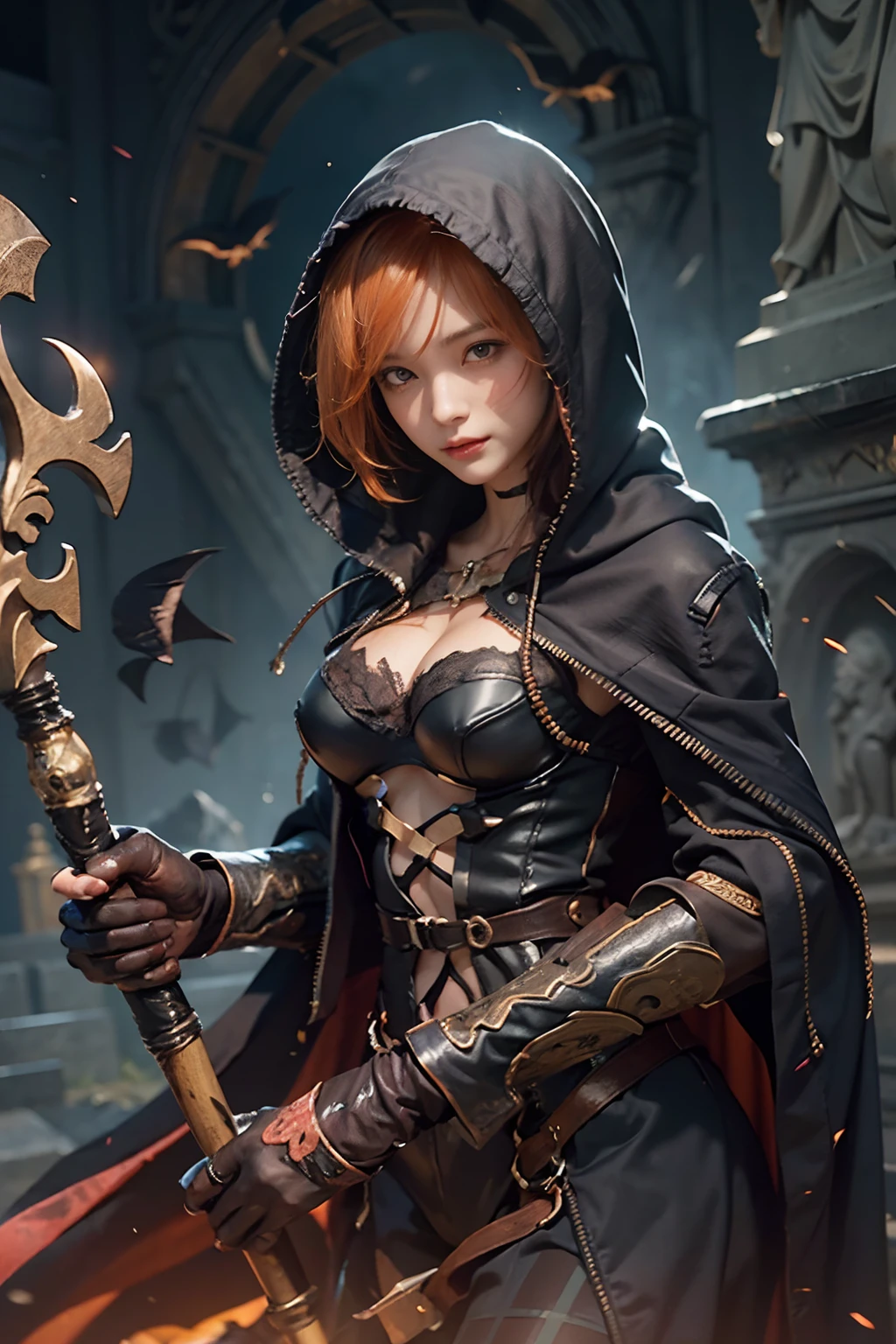 Cute hooded girl,The Grim Reaper emerges from the swirling shadows.Stand in the Cemetery of Forgotten Souls.(Female Grim Reaper Protecting a Girl from Behind:1.3,)Wielding a scythe,(Light brown and light orange striped hair:1.3,),Dark makeup,Beautiful breast slip、A smile that makes the viewer happy,Perfect face,Proper body proportion,masutepiece,High-quality output images,超A high resolution,Intricate details,Very delicate and beautiful hair,photographrealistic,Dreamy,Professional Lighting,realistic shadow,Beautiful hands,Beautiful fingers,Detailed finger features,detailed clothes features,Detailed hair features,detailed facial features,Style fighting games,Style RPG