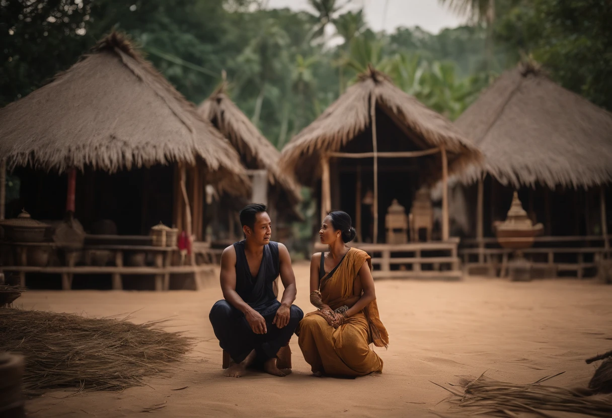 A poor 30-year-old man and a rich 30-year-old wife., Ancient Thai, Ancient straw huts, Slavery suit, Antique lamps,