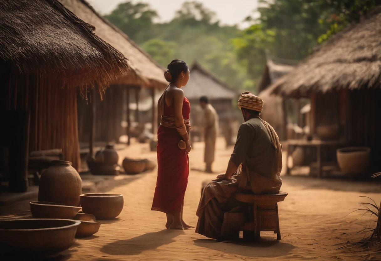 A poor 30-year-old man and a rich 30-year-old wife., Ancient Thai, Ancient straw huts, Slavery suit, Antique lamps,