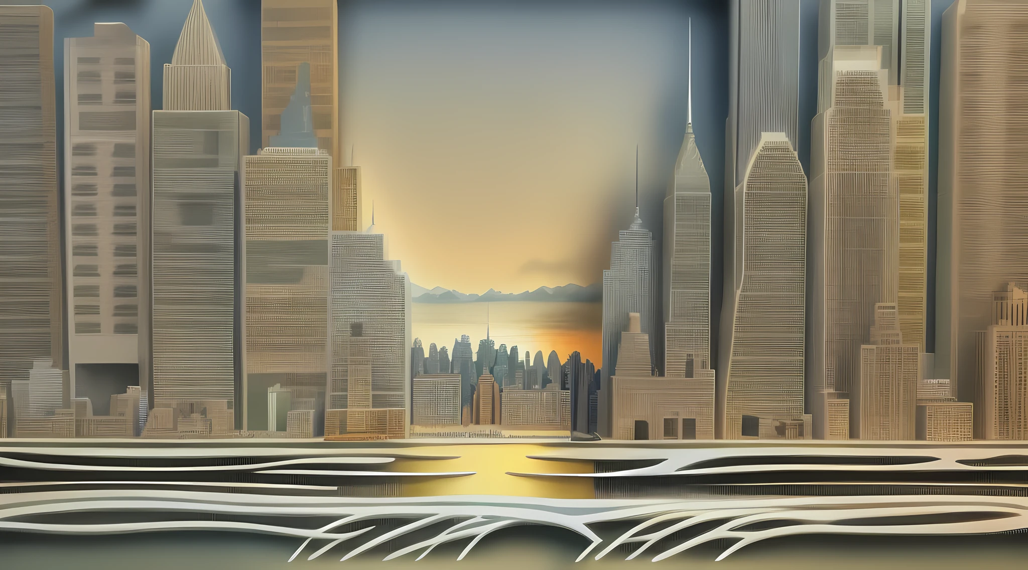 a scenic paper cut art of Manhattan skyline at dawn, a masterpiece award winning (paper cut art picture: 1.5), Manhattan skyline sky scrappers, Hudson river, at dawn, best details, best quality, 16K, [ultra detailed], masterpiece, best quality, (ultra detailed), full body, ultra wide shot, photorealistic,