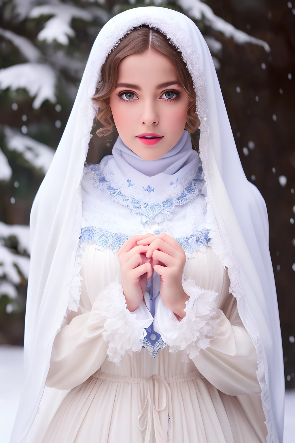 Photorealistic, high resolution, 1 Women, Solo, (Lolita costume)，Gorgeous costumes，Face the audience，The upper part of the body，upper legs， beautidful eyes, White hair, ringed eyes, (outside，Heavy snowfall，Cloak，Cover with snow)，snowfield，Blue eyes，Illustrations of the highest quality，A meticulous face
 INFO, muslim hijab