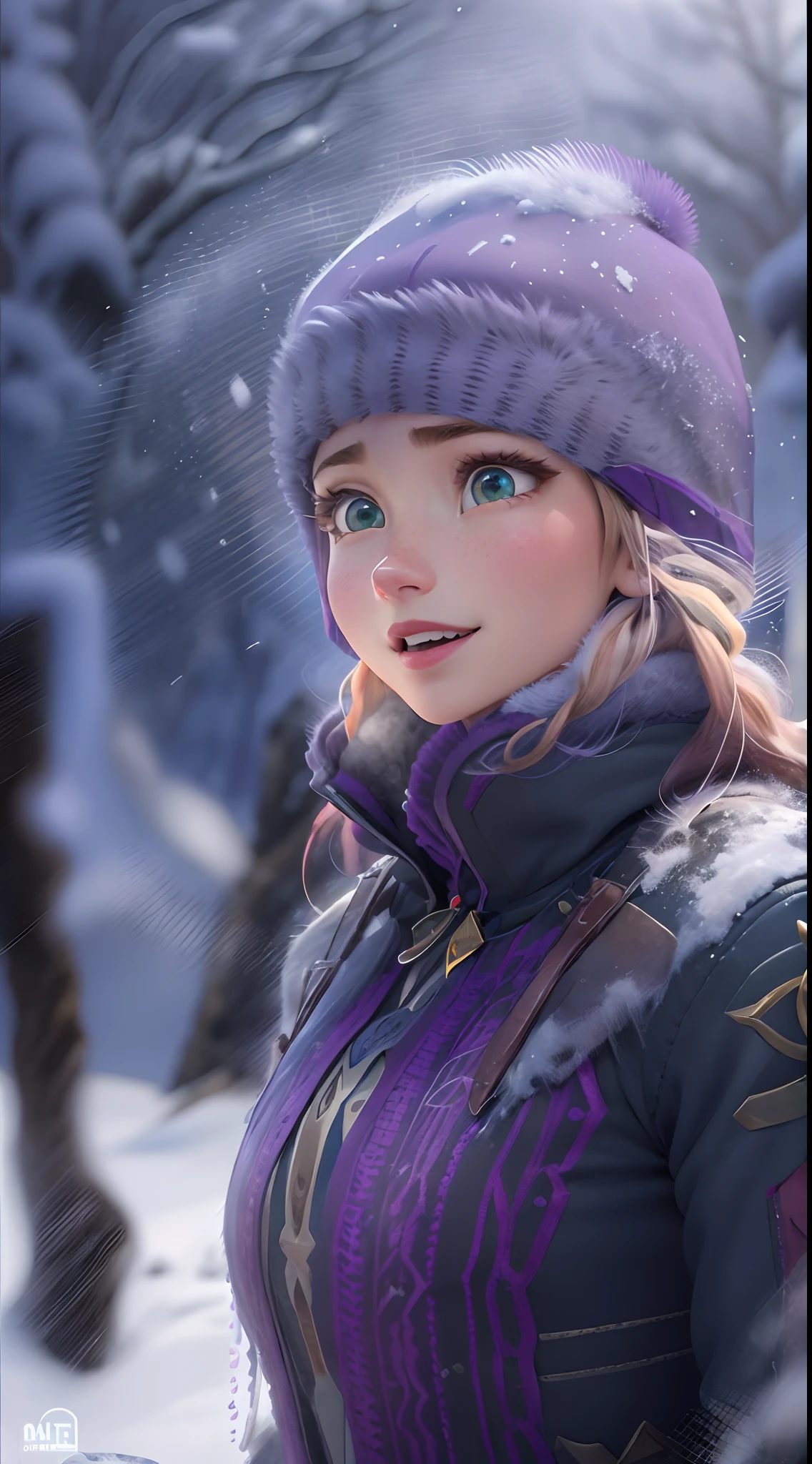 (Obra maestra:1.4), (Mejor calidad:1.4), (High resolution:1.4),
Ana de Arendelle, Purple cap, trenzas gemelas, Winter mountain costume,
Outdoos, hielo, invierno, nieve, bosque,
Mirando al espectador, They are smiling, fotorrealista, Renderizado de octanaje, Motor irreal, ultrarrealista,motor irreal:1.4,UHD,La mejor calidad:1.4, fotorrealista:1.4, textura de la piel:1.4, obra maestra:1.8,(nieve:1.4),
