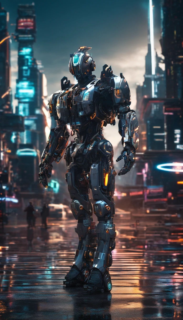 Cyberpunk style babysitter ,(Half-human, half-mechanized warrior:1.2),Combat posture,majestic-looking,Forward stance,Stunning colors,Set in a futuristic cyberpunk style city,the street,crowd of,(Movie lighting),(light and shadow effect),(unreal-engine),(Tyndall),(cinema4d),(Super futuristic fantasy style),(8k wallpaper),(tmasterpiece),(Photography Award),realisticlying