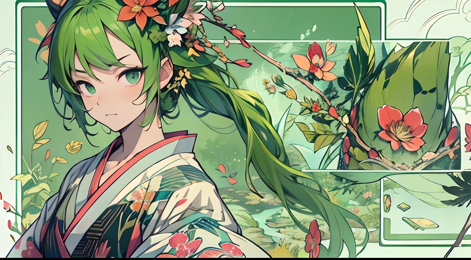 {{masutepiece}}、{{high-level image quality}}、neons、medieval times、Neat face、Green hair、The Strongest Warrior、Kimono、water magic
