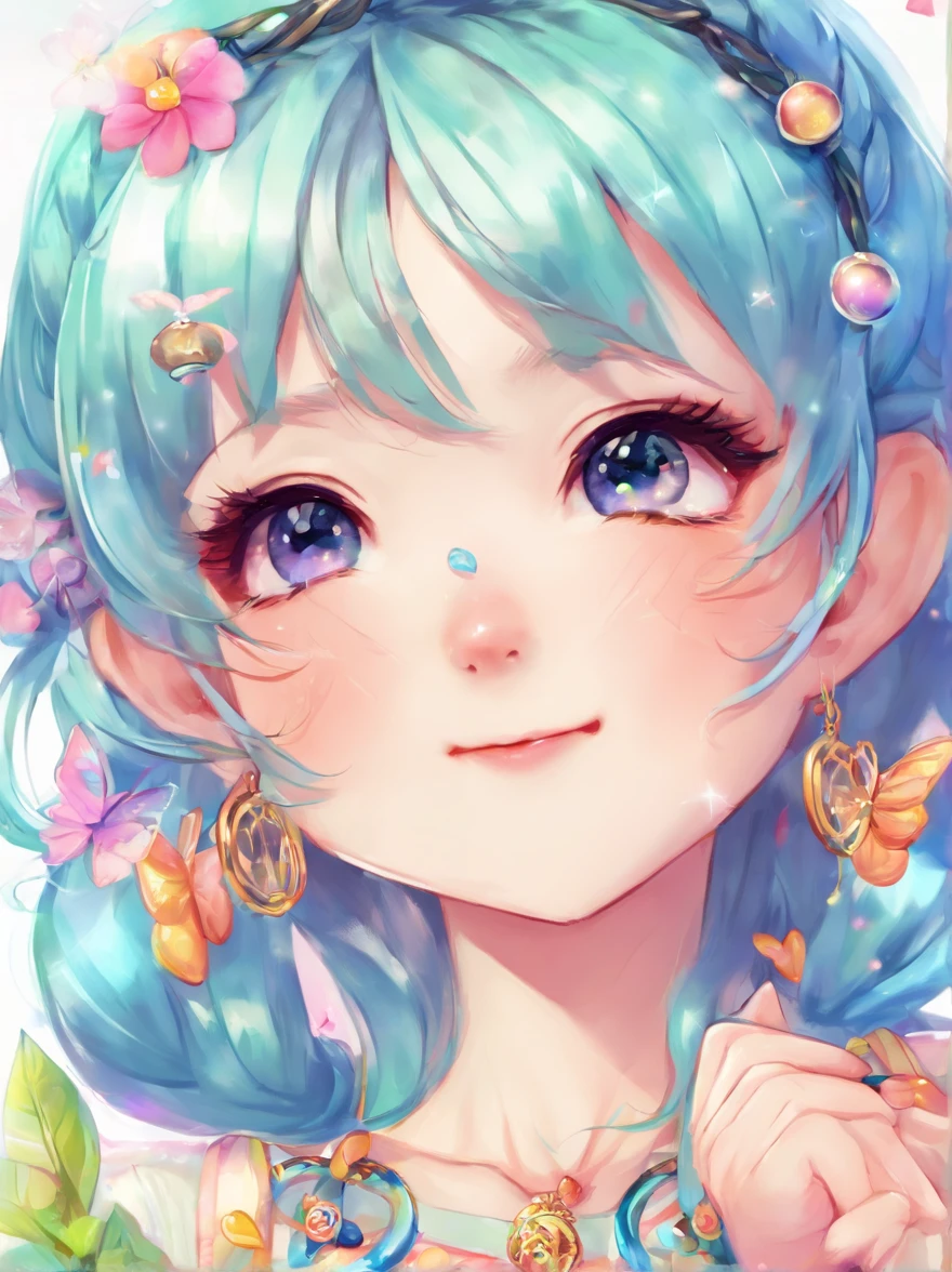 Lori is cute, 8 year old little girl,Black twisted braid, Modern accessories , Delicate water spirit big eyes, laughing heartily, Detaileddetails, holograph, Clear and simple background