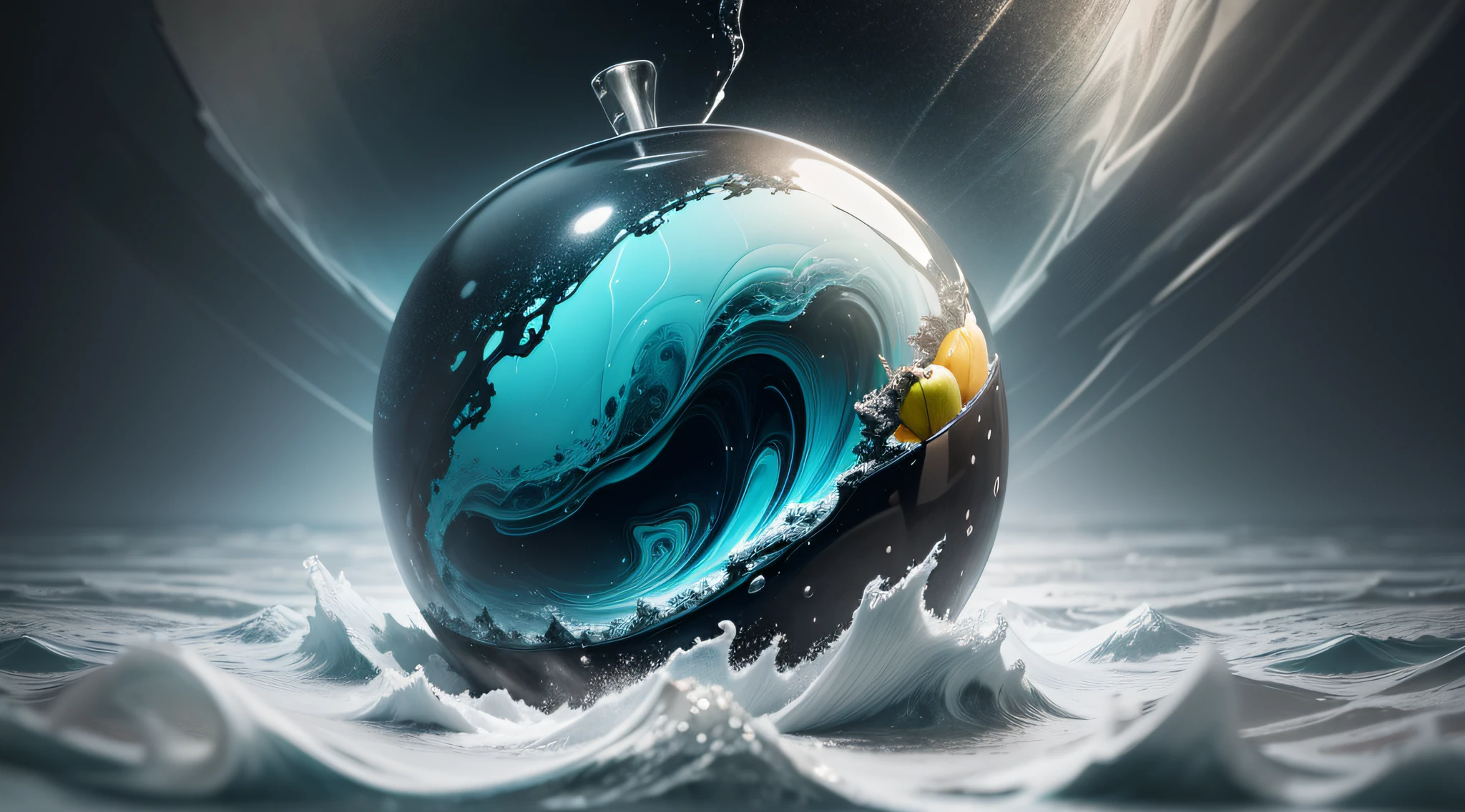 lovely double exposure image by blending together a stormy sea and a glass apple. The sea should serve as the underlying backdrop, with its details subtly incorporated into the glossy glass apple, sharp focus, double exposure, glossy glass apple, (translucent glass figure of an apple) (sea inside) lifeless, dead, glass apple, earthy colors, decadence, intricate design, hyper realistic, high definition, extremely detailed, dark softbox image, raytracing, cinematic, HDR, photorealistic (double exposure:1.1)