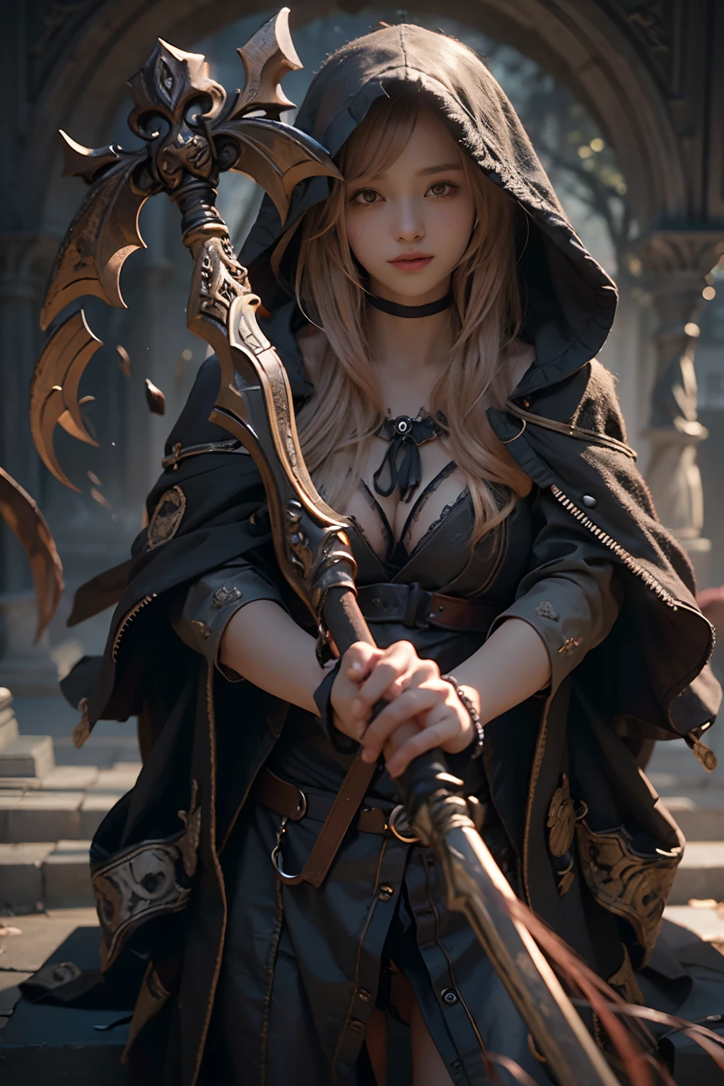Cute hooded girl,The Grim Reaper emerges from the swirling shadows.Stand in the Cemetery of Forgotten Souls.(Female Grim Reaper Protecting a Girl from Behind:1.3,)Wielding a scythe,(Light brown and light orange striped hair:1.3,),Dark makeup,Beautiful breast slip、A smile that makes the viewer happy,Perfect face,Proper body proportion,masutepiece,High-quality output images,超A high resolution,Intricate details,Very delicate and beautiful hair,photographrealistic,Dreamy,Professional Lighting,realistic shadow,Beautiful hands,Beautiful fingers,Detailed finger features,detailed clothes features,Detailed hair features,detailed facial features,Style fighting games,Style RPG