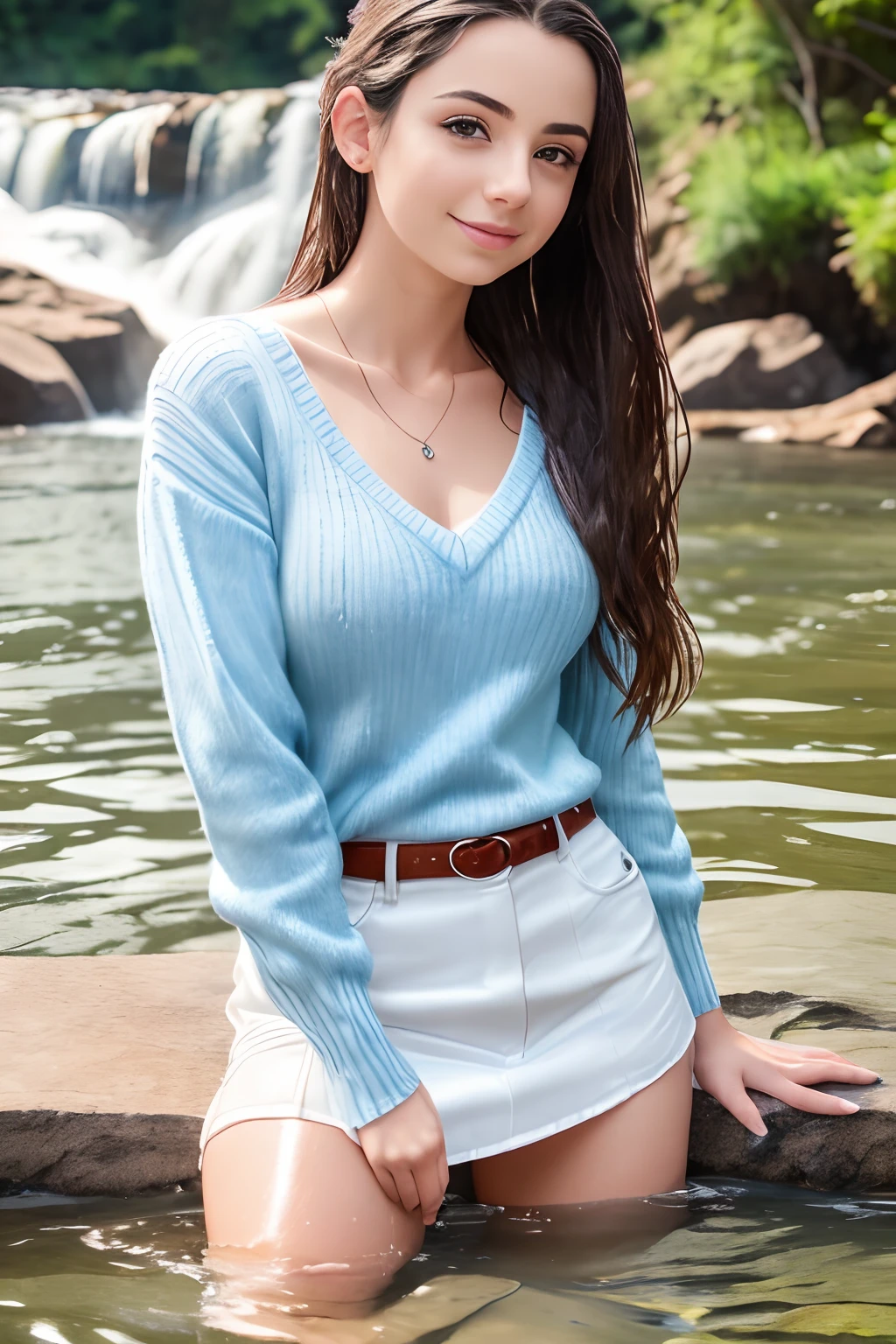 ((High-definition images, masterpiece, atmospheric perspective, 8K, Super detailed, Accurate, highest quality, single shot)), (((cute western woman masturbating))), (casual style), Jacket, unbuttoned shirt, swollen areole, (round face, Realistic eye size, droopy eyes, blush, smile), (((stand and spread your legs, ))), (in the forest, Mountain, rock, Narrow River, At night), blonde braid hair, small earrings, thin necklace, (light makeup),