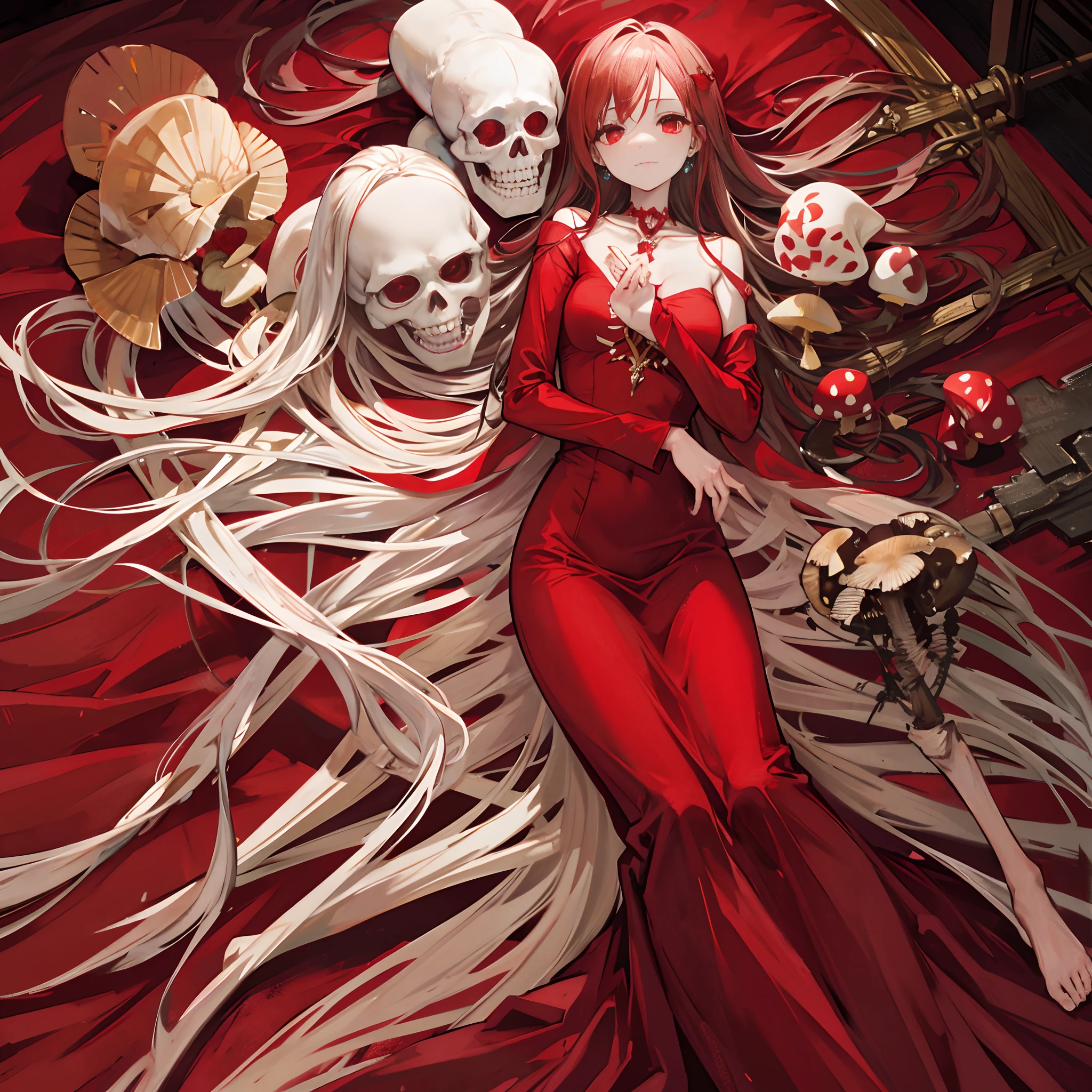 Long red dress,Indifferent eyes,Wrap a bandage on the upper right,A skeleton pendant hangs from his chest,Stepping on mushrooms underfoot